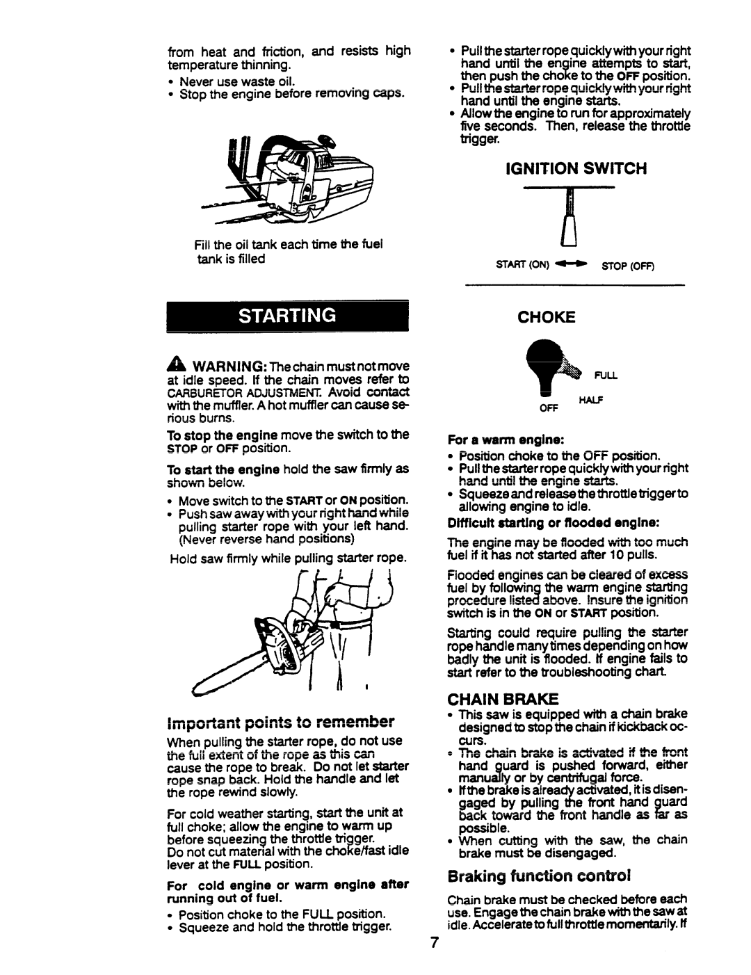 Husqvarna 23 COMPACT manual Important points to remember, Ignition Switch, Choke, Chain Brake, Braking function control 