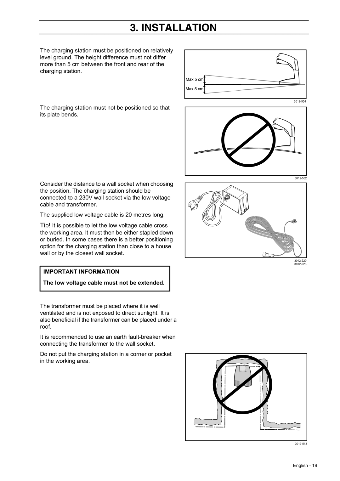 Husqvarna 230 ACX, 220 AC manual Low voltage cable must not be extended 