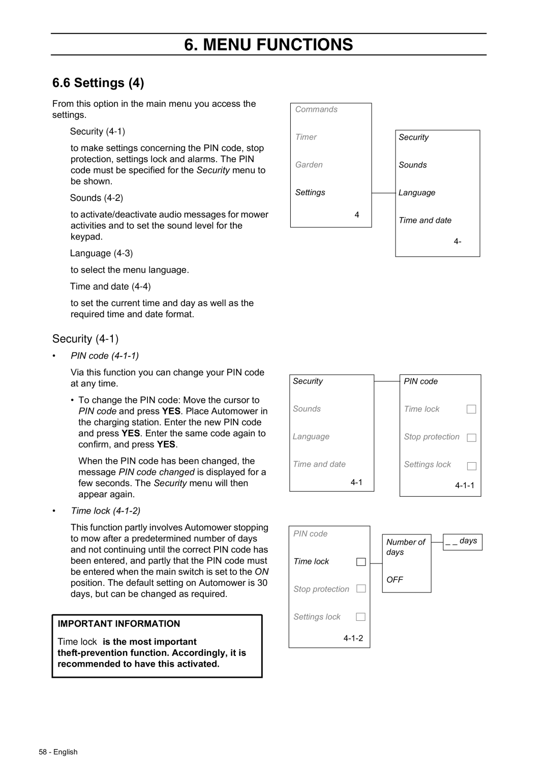 Husqvarna 220 AC, 230 ACX manual Settings, Security, PIN code, Time lock 