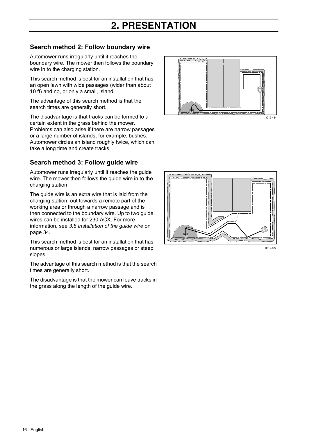 Husqvarna 230 ACX/220 AC manual Search method 2 Follow boundary wire, Search method 3 Follow guide wire 