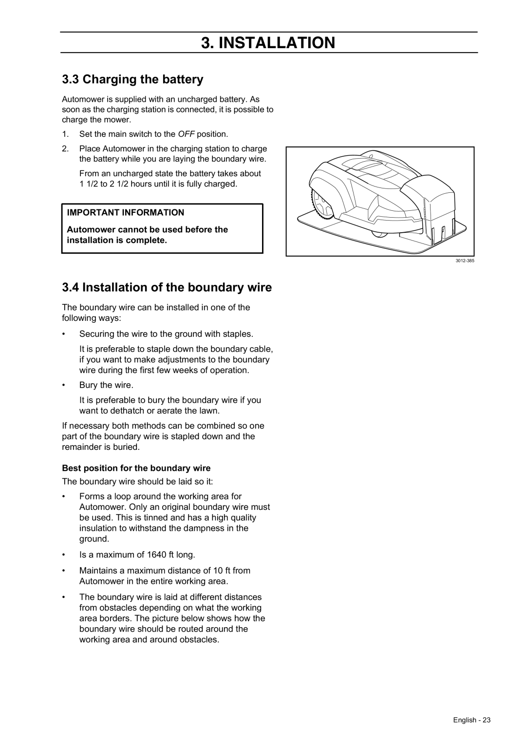 Husqvarna 230 ACX/220 AC Charging the battery, Installation of the boundary wire, Best position for the boundary wire 