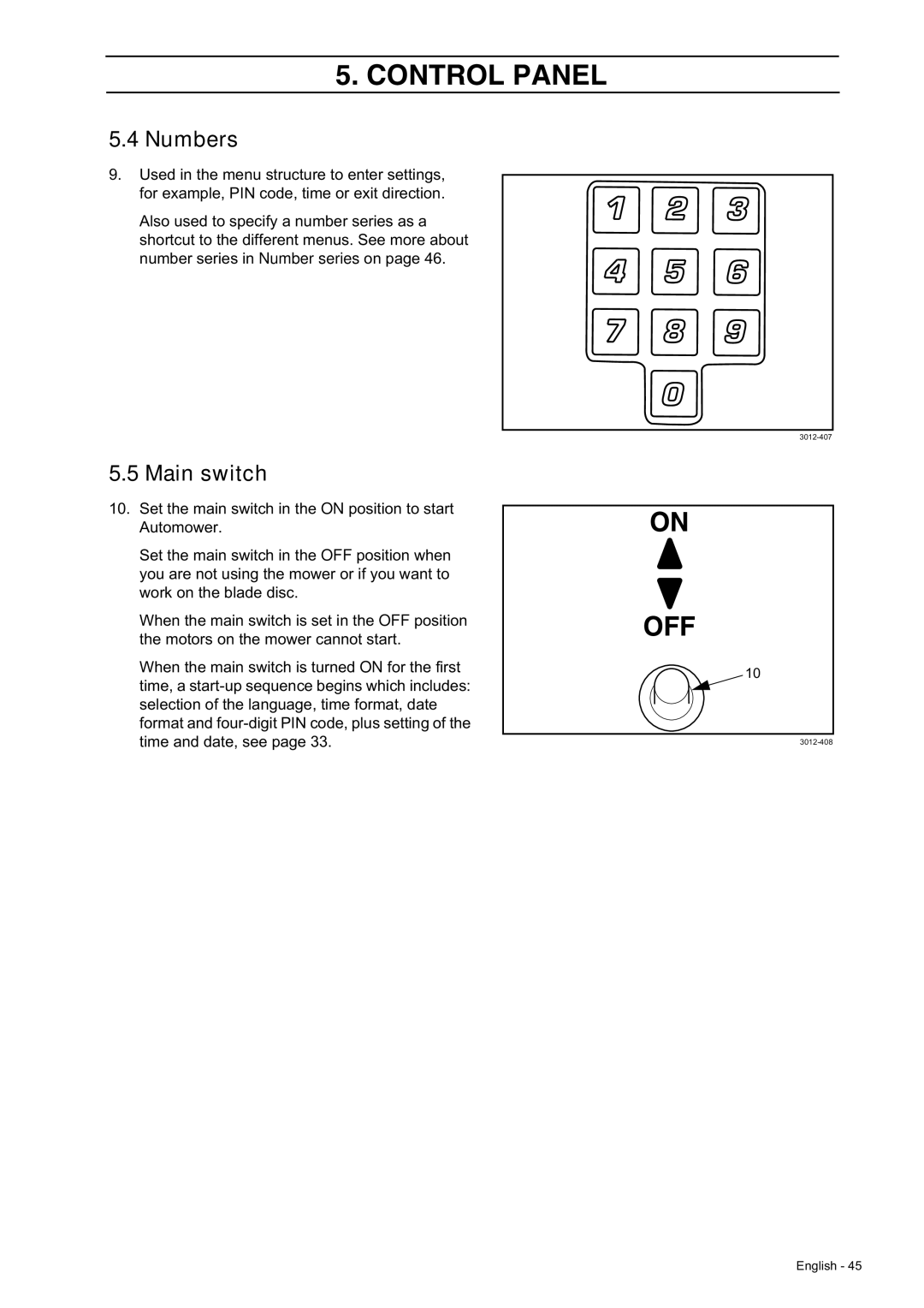 Husqvarna 230 ACX/220 AC manual Numbers, Main switch 