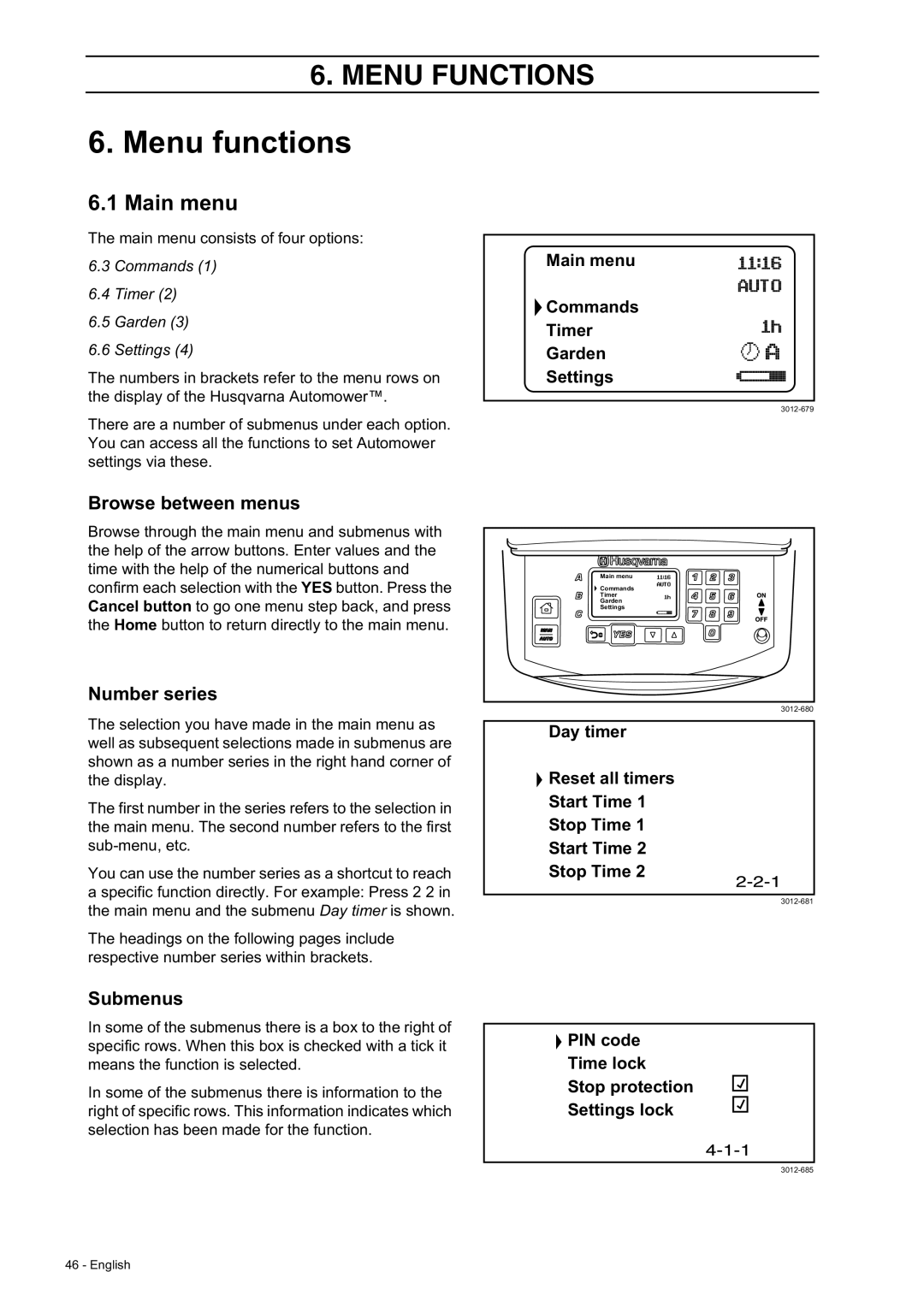 Husqvarna 230 ACX/220 AC manual Menu functions, Main menu, Browse between menus, Number series, Submenus 