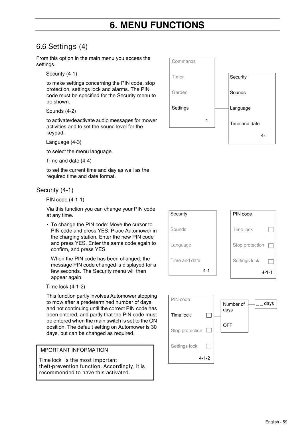 Husqvarna 230 ACX/220 AC manual Settings, Security, PIN code, Time lock 