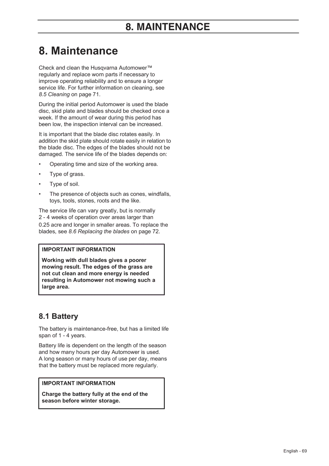 Husqvarna 230 ACX/220 AC manual Maintenance, Battery 