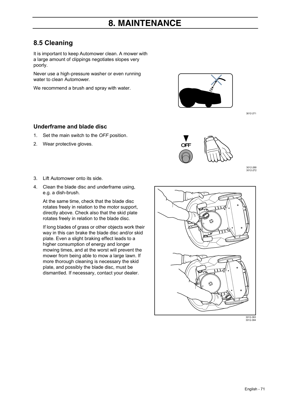 Husqvarna 230 ACX/220 AC manual Cleaning, Underframe and blade disc 