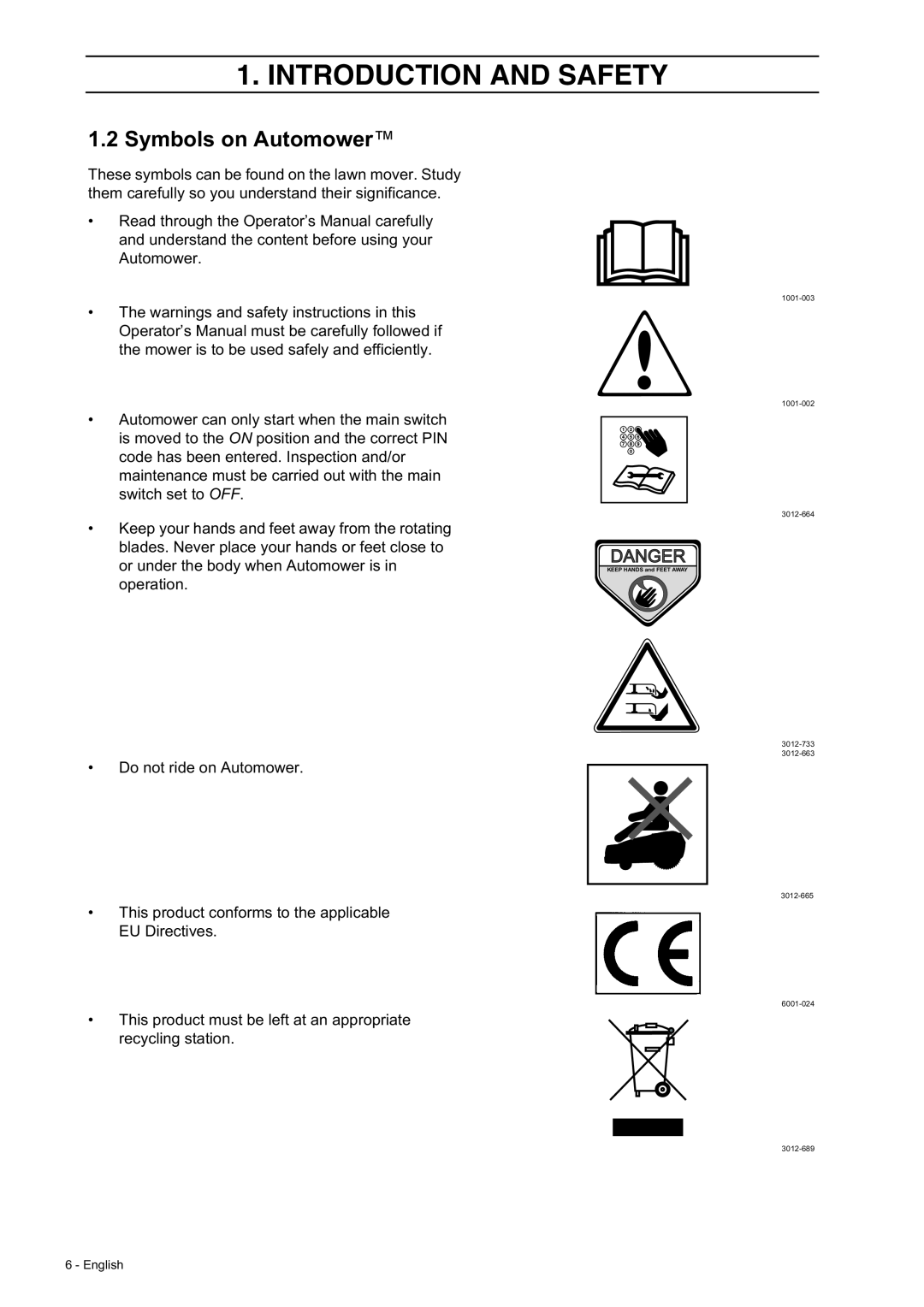 Husqvarna 230 ACX/220 AC manual Symbols on Automower, Introduction And Safety, Danger 