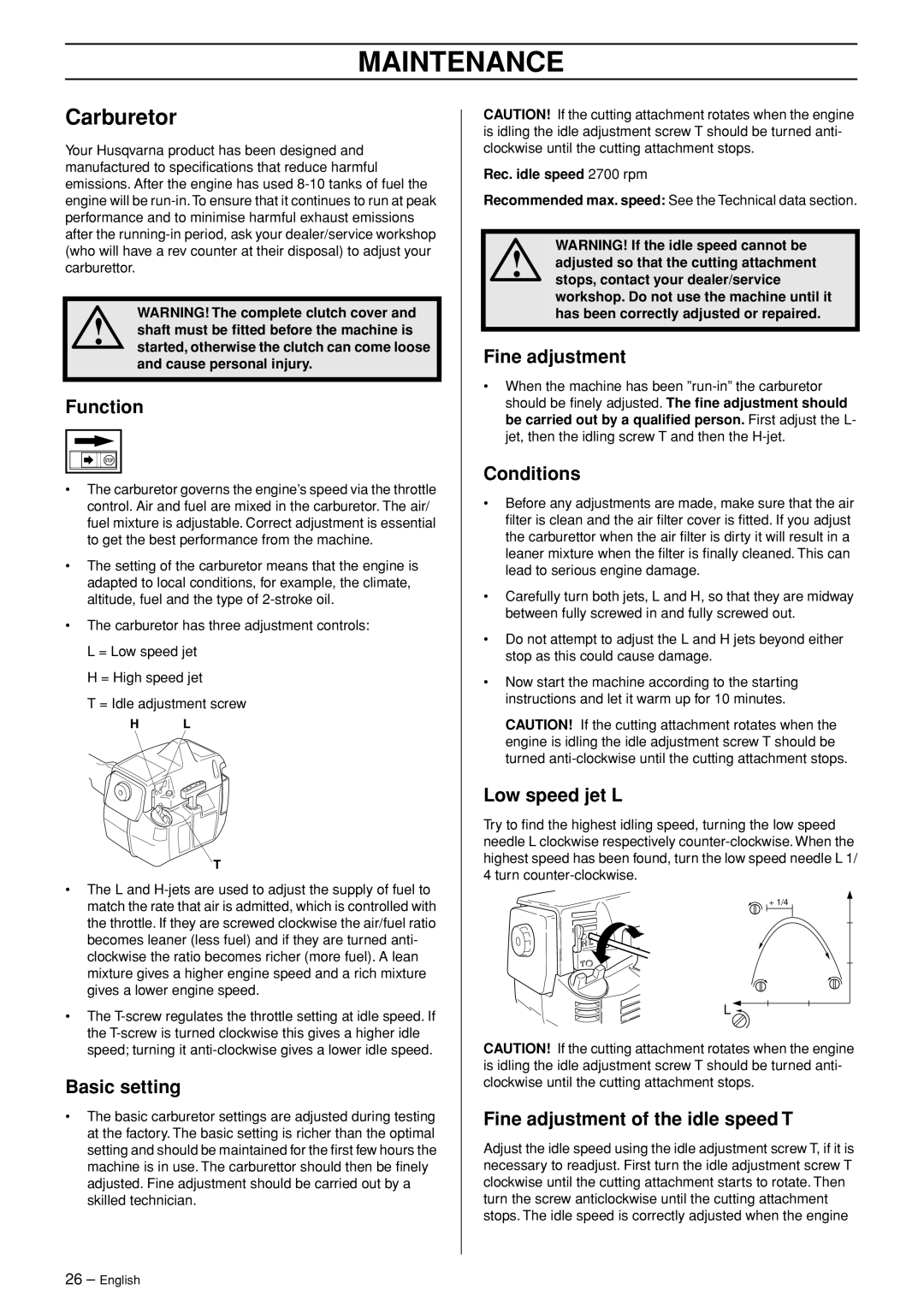 Husqvarna 232R manual Maintenance, Carburetor 