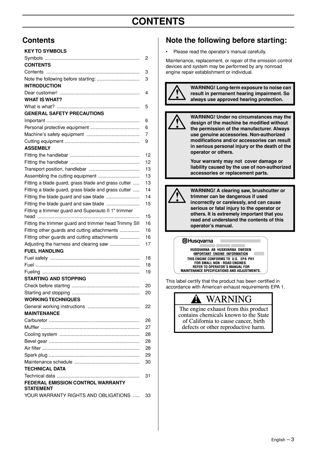 Husqvarna 232R manual Contents 