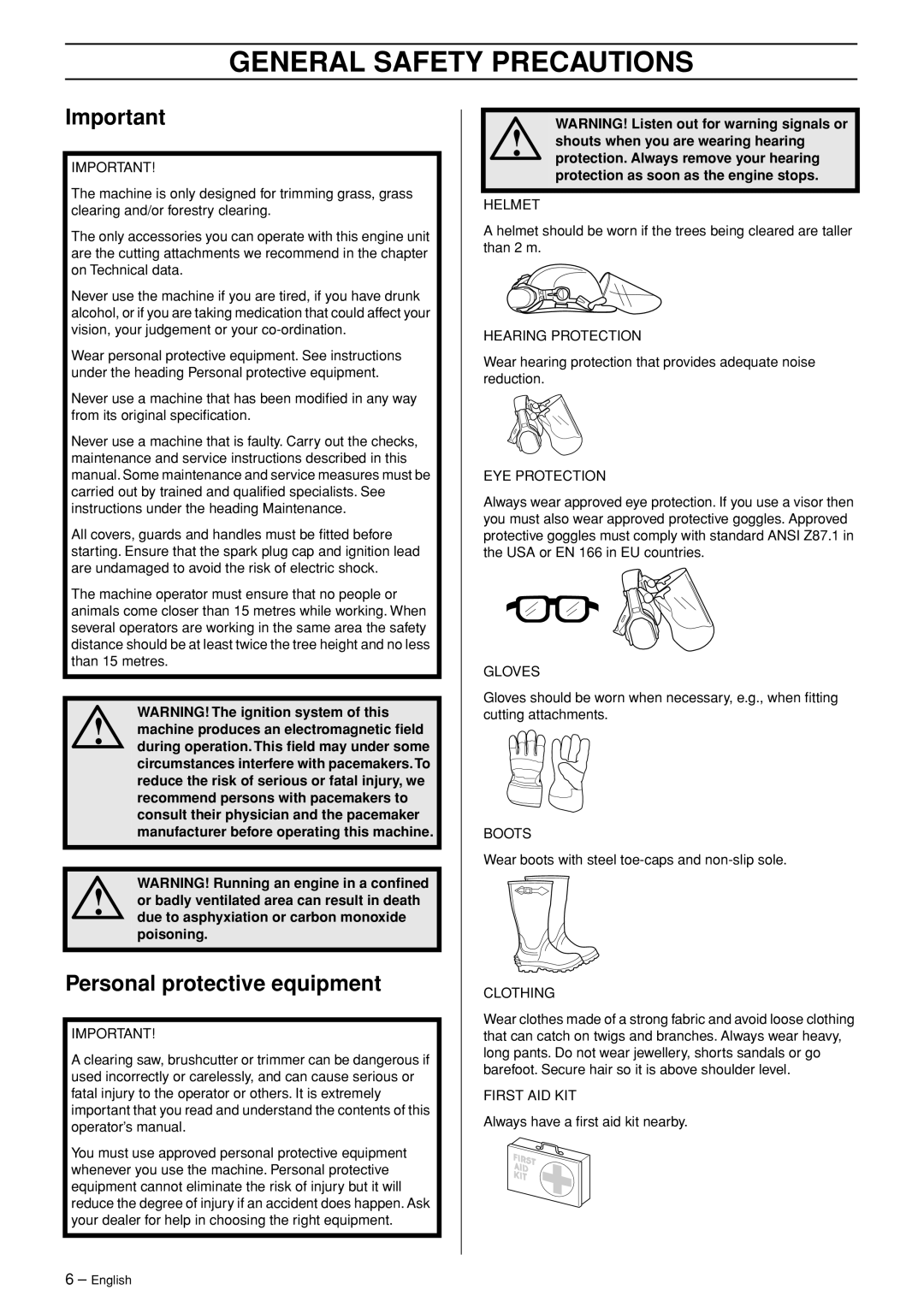 Husqvarna 232R manual General Safety Precautions, Personal protective equipment 