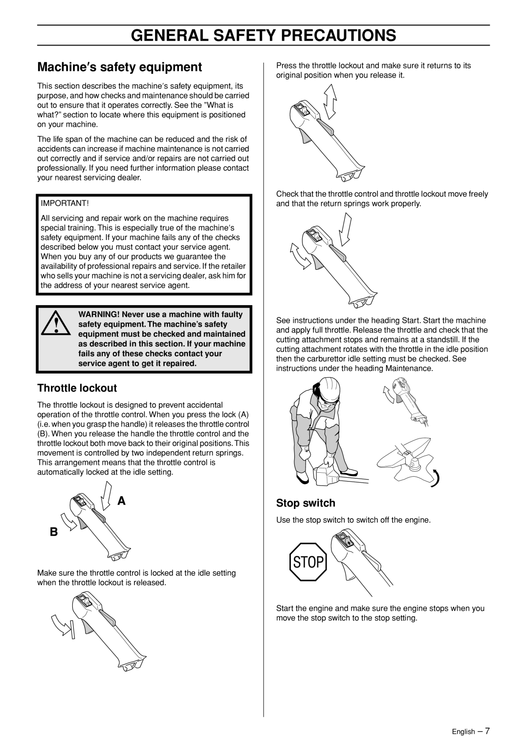 Husqvarna 232R manual Machine′s safety equipment, Throttle lockout, Stop switch 