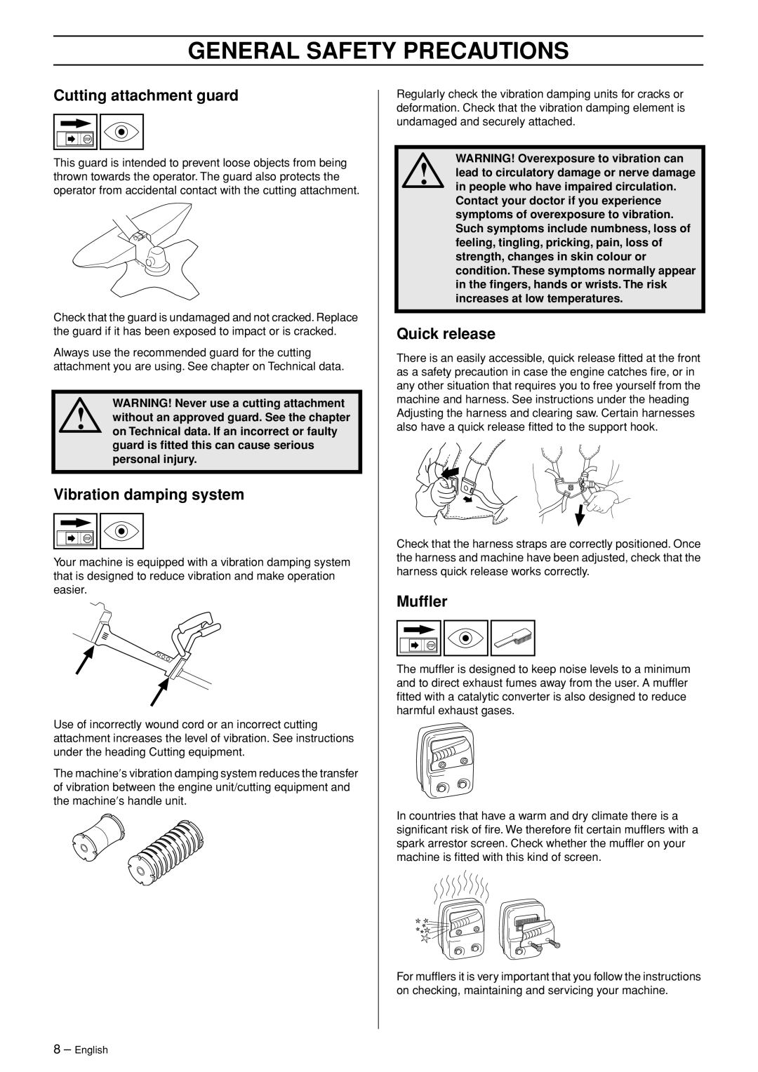 Husqvarna 232R manual Cutting attachment guard, Vibration damping system, Quick release, Mufﬂer 