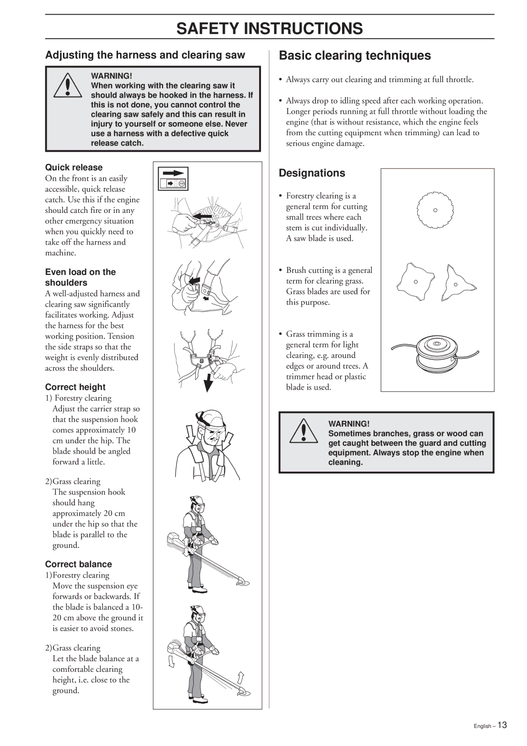 Husqvarna 227R/RD, 232R/RD 235R manual Basic clearing techniques, Adjusting the harness and clearing saw, Designations 