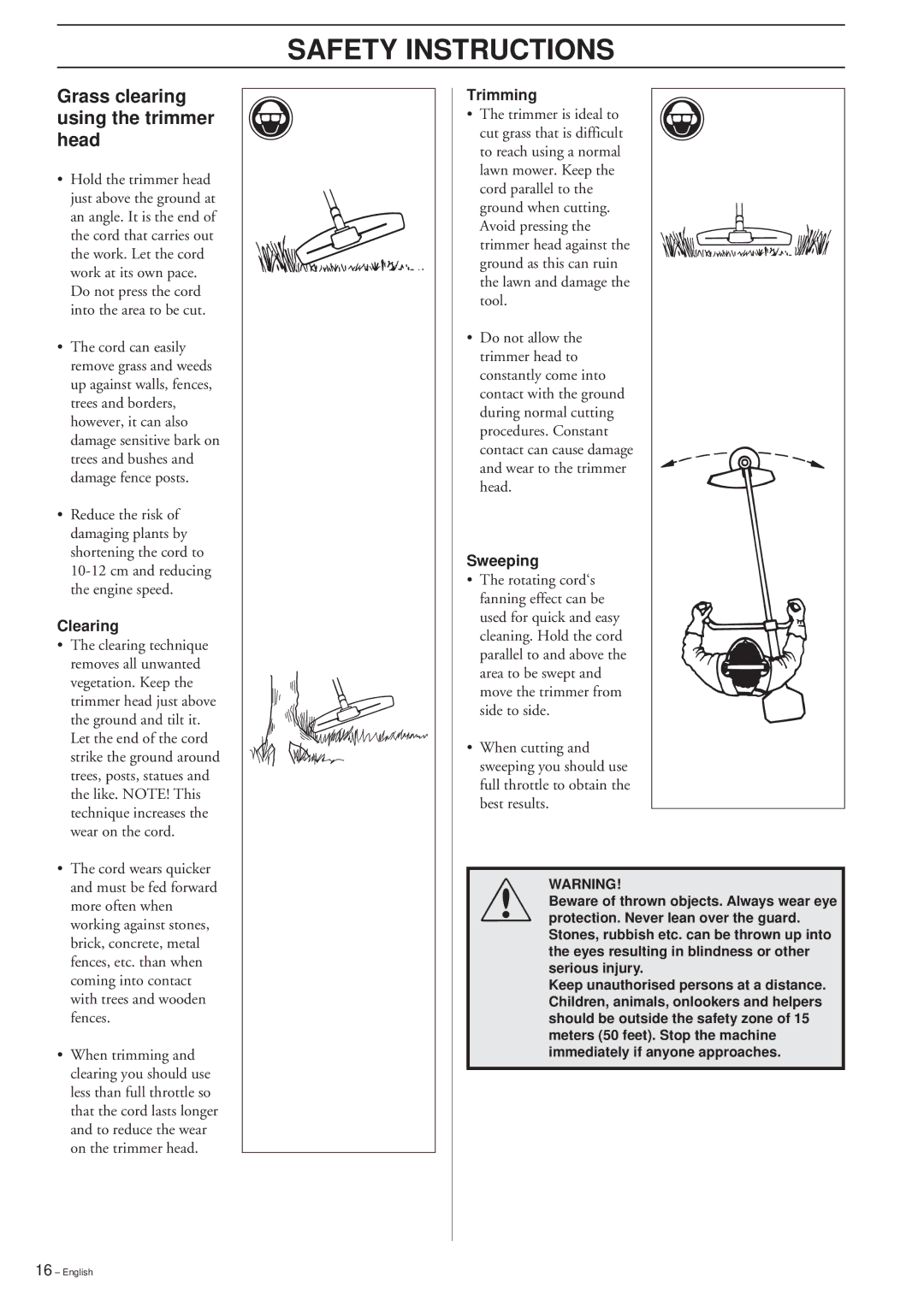 Husqvarna 232R/RD 235R, 227R/RD manual Grass clearing using the trimmer head, Clearing, Trimming, Sweeping 