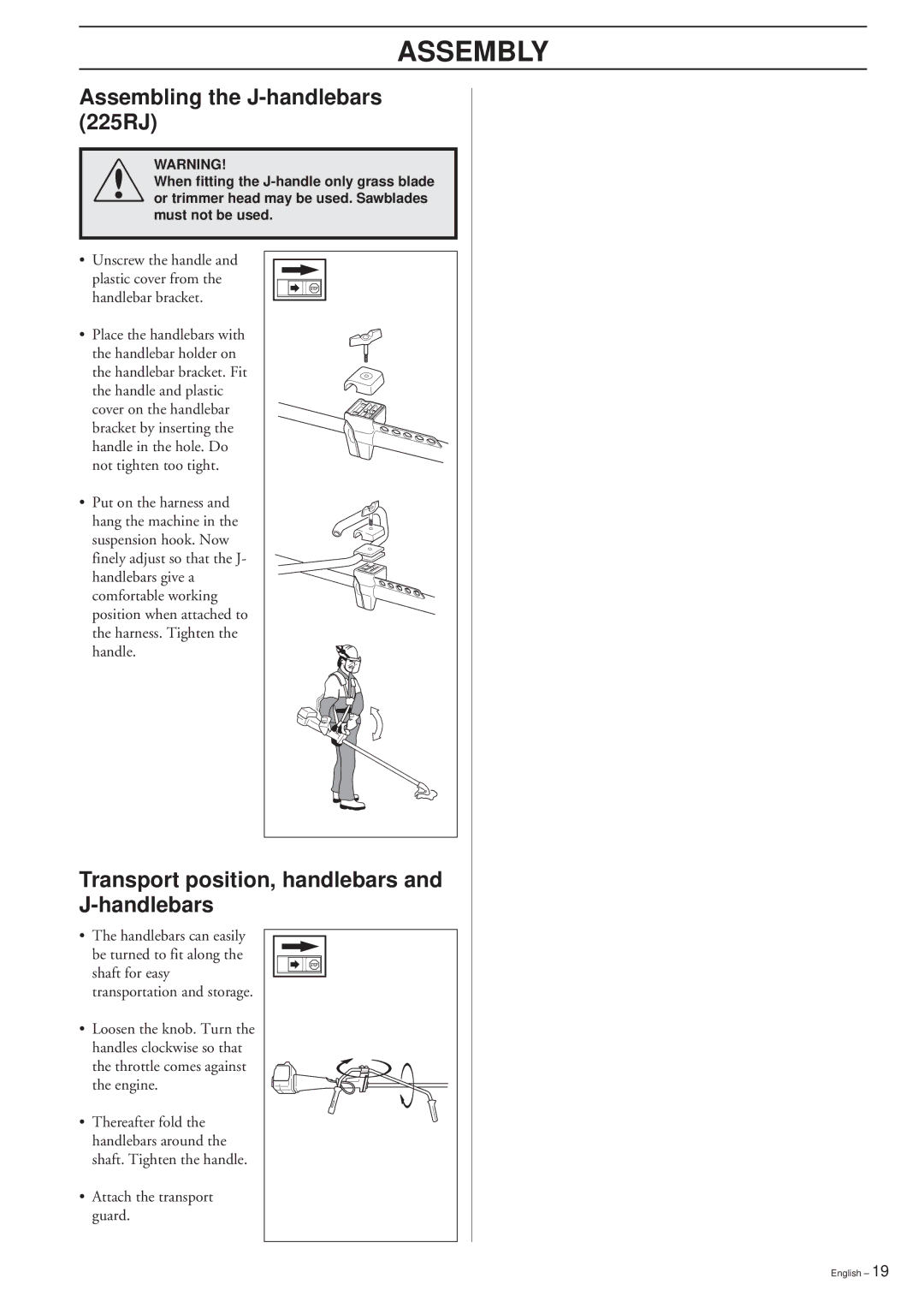 Husqvarna 227R/RD, 232R/RD 235R manual Assembling the J-handlebars 225RJ, Transport position, handlebars and J-handlebars 