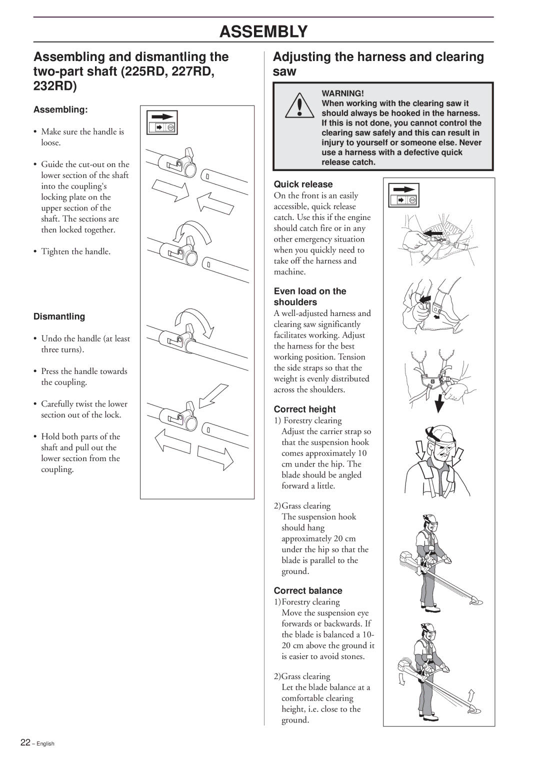 Husqvarna 232R/RD 235R, 227R/RD manual Adjusting the harness and clearing saw, Assembling, Dismantling 