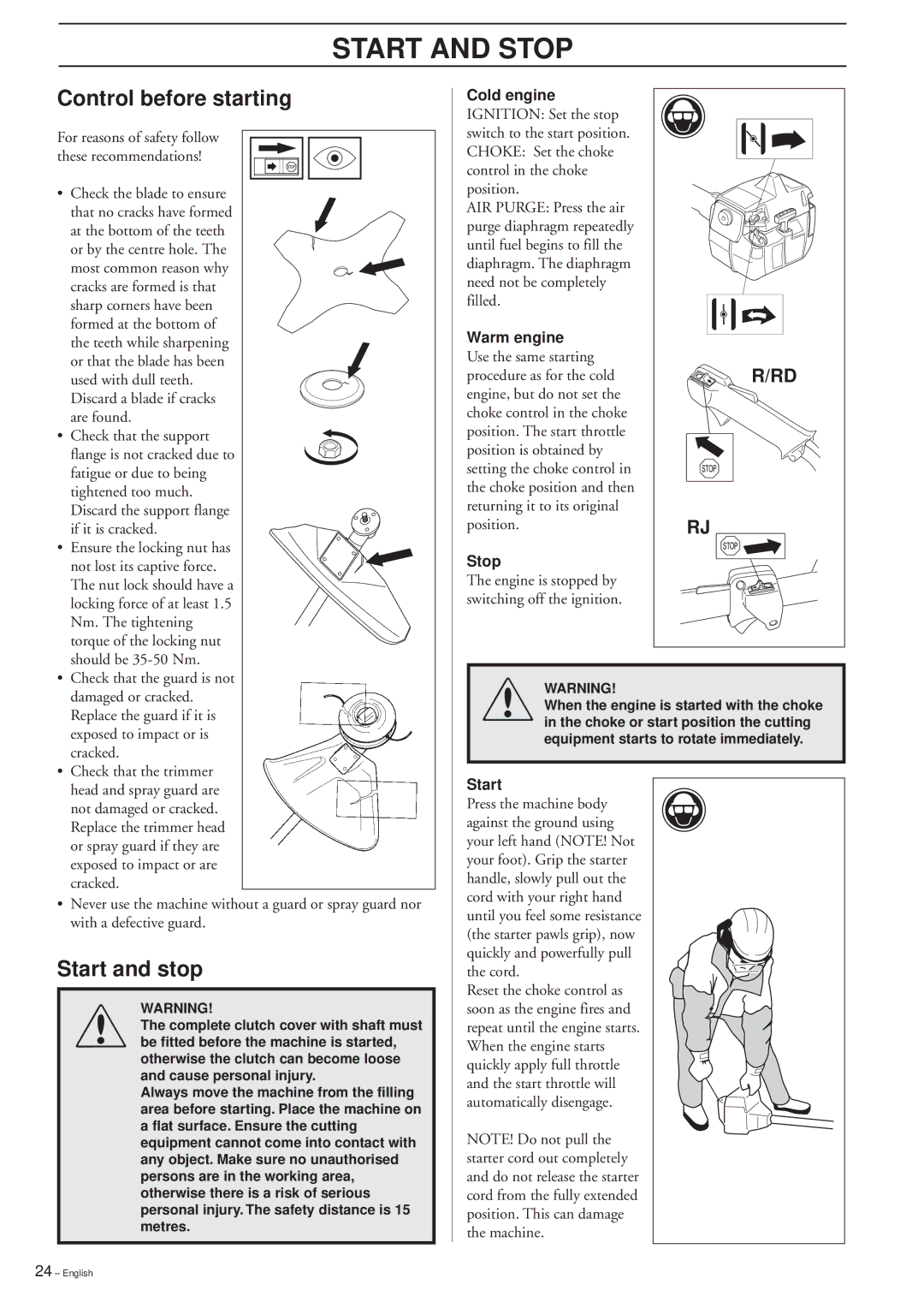 Husqvarna 232R/RD 235R, 227R/RD manual Start and Stop, Control before starting, Start and stop 