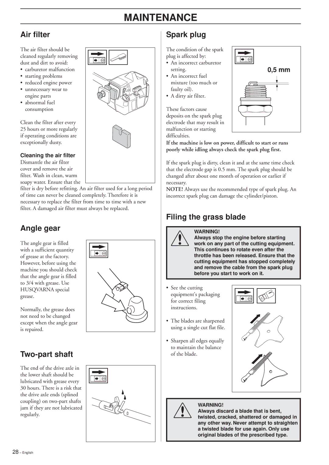 Husqvarna 232R/RD 235R, 227R/RD manual Air filter Spark plug, Angle gear, Two-part shaft, Filing the grass blade 