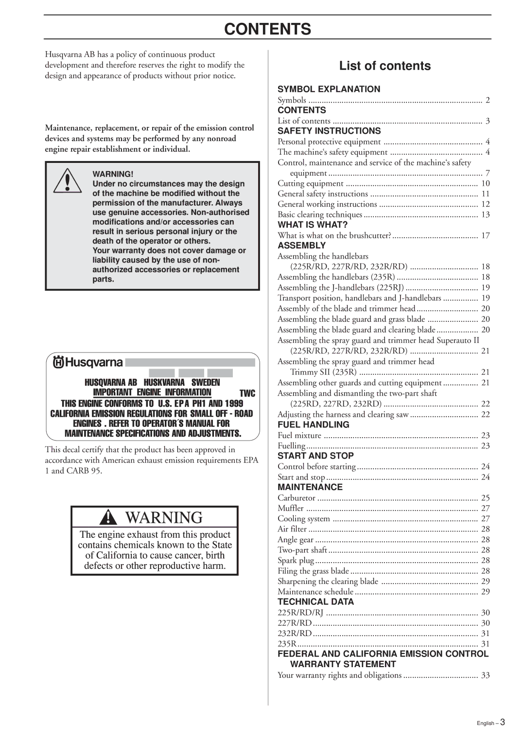 Husqvarna 227R/RD, 232R/RD 235R manual Contents 