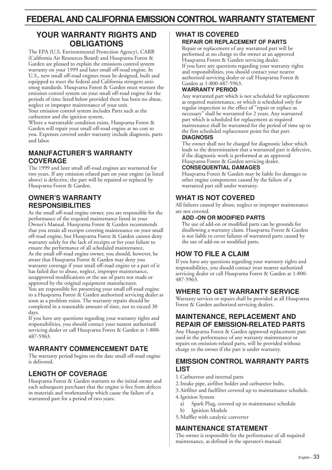 Husqvarna 227R/RD, 232R/RD 235R manual Federal and California Emission Control Warranty Statement 