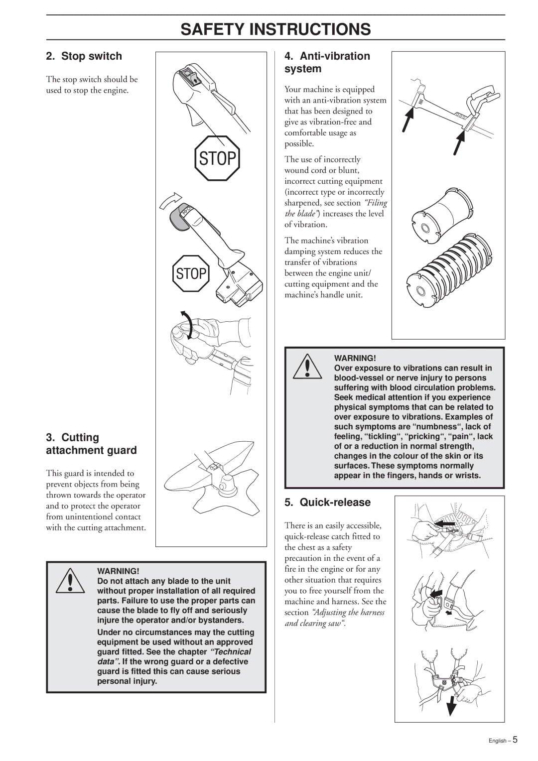 Husqvarna 227R/RD, 232R/RD 235R manual Stop switch, Cutting attachment guard, Anti-vibration system, Quick-release 