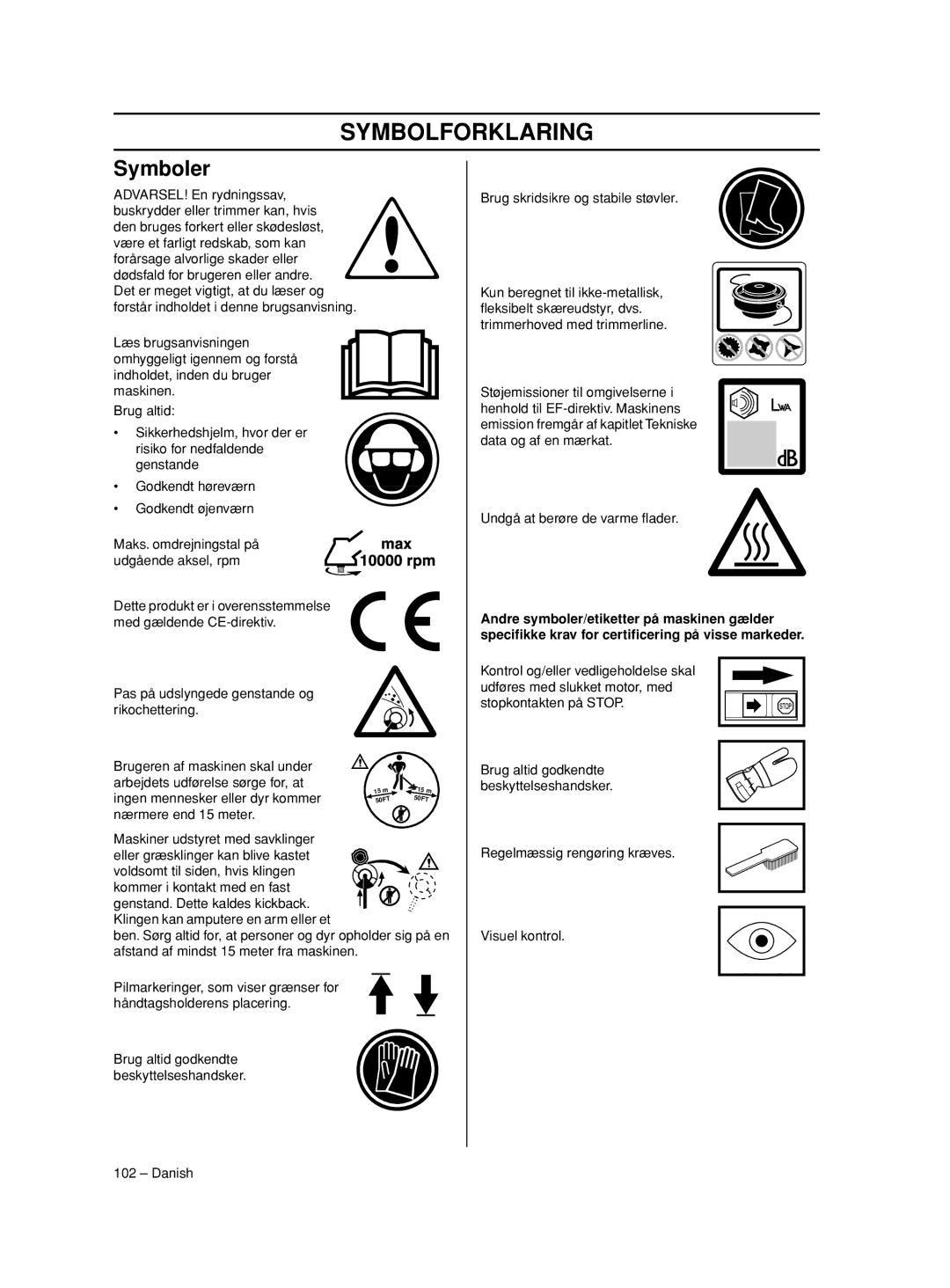 Husqvarna 233RJ manual Symbolforklaring, Ingen mennesker eller dyr kommer 