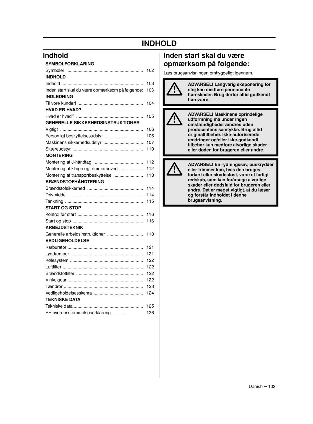 Husqvarna 233RJ manual Indhold, Inden start skal du være opmærksom på følgende 