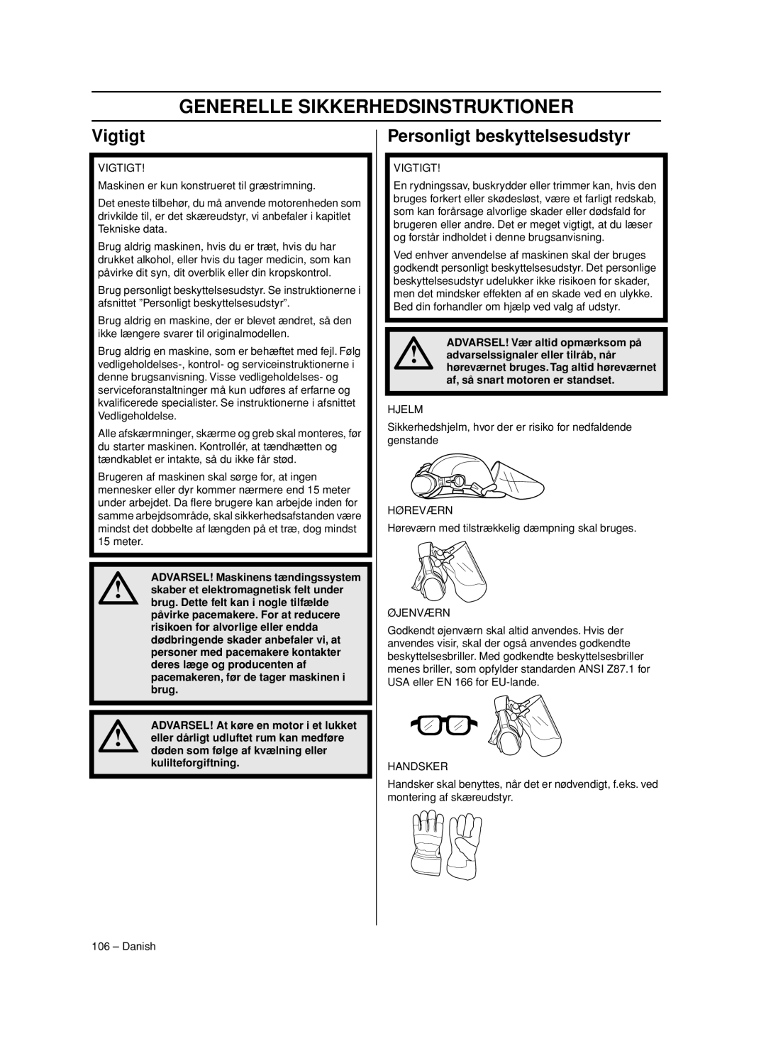 Husqvarna 233RJ manual Generelle Sikkerhedsinstruktioner, Vigtigt, Personligt beskyttelsesudstyr 