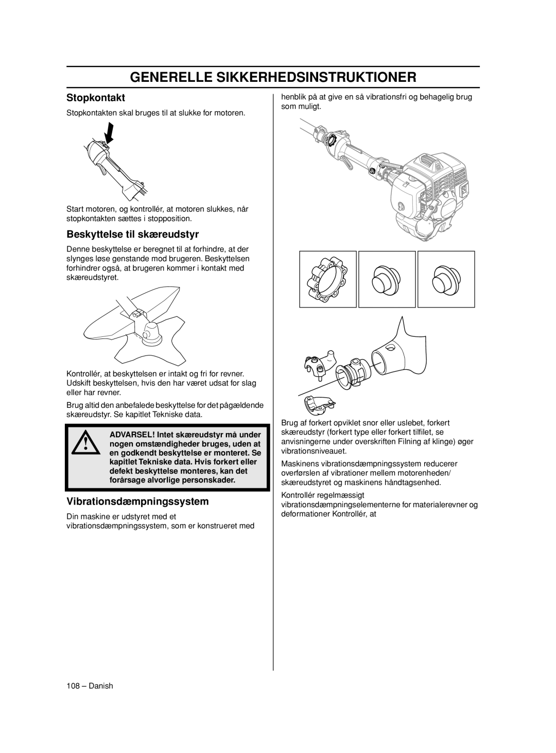 Husqvarna 233RJ manual Stopkontakt, Beskyttelse til skæreudstyr, Vibrationsdæmpningssystem 