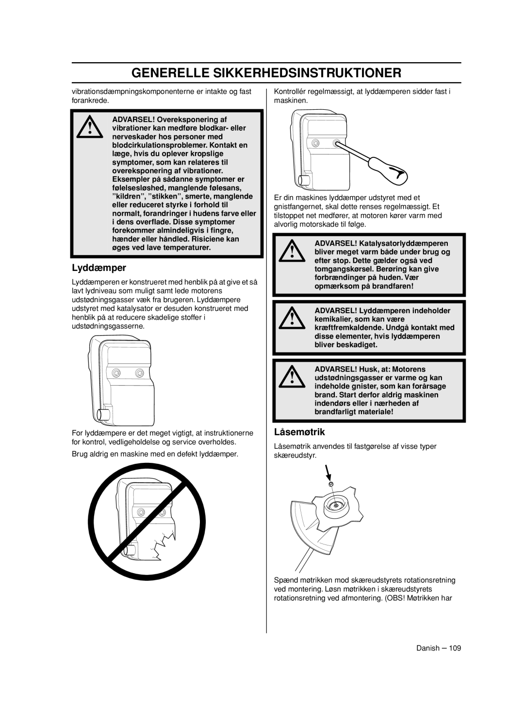 Husqvarna 233RJ manual Lyddæmper, Låsemøtrik 