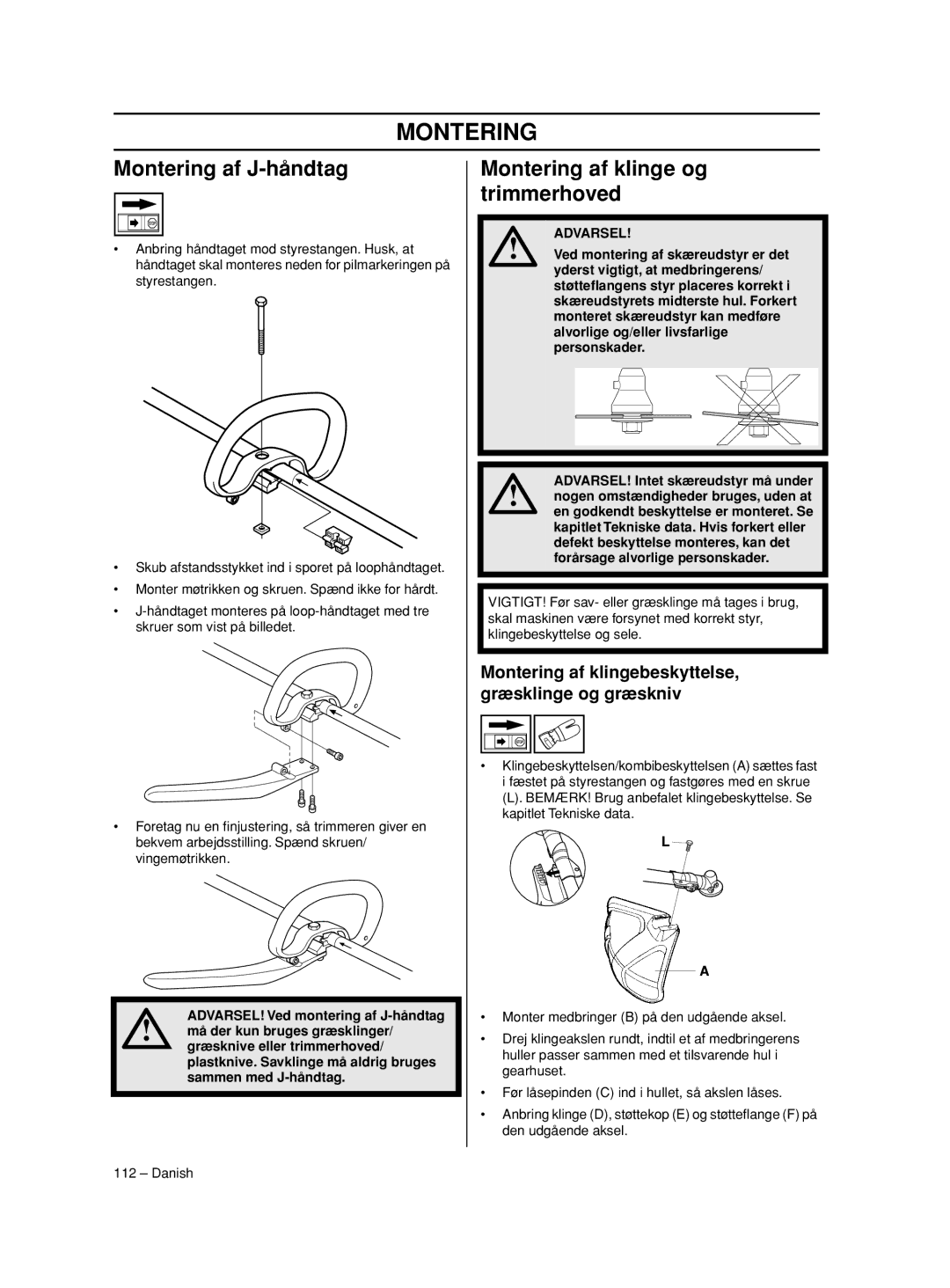 Husqvarna 233RJ manual Montering af J-håndtag, Montering af klinge og trimmerhoved 