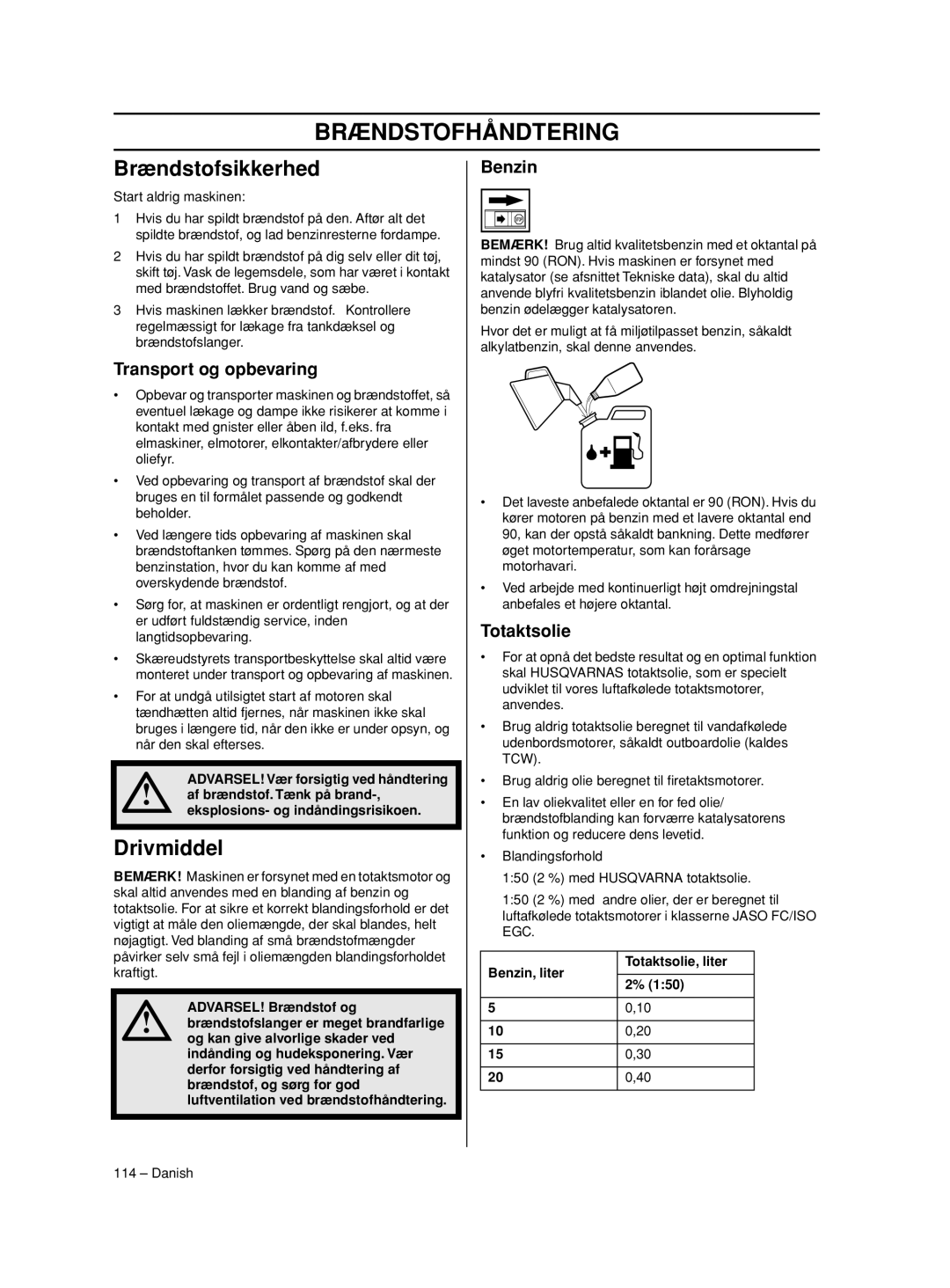 Husqvarna 233RJ manual Brændstofhåndtering, Brændstofsikkerhed, Drivmiddel, Transport og opbevaring, Totaktsolie 