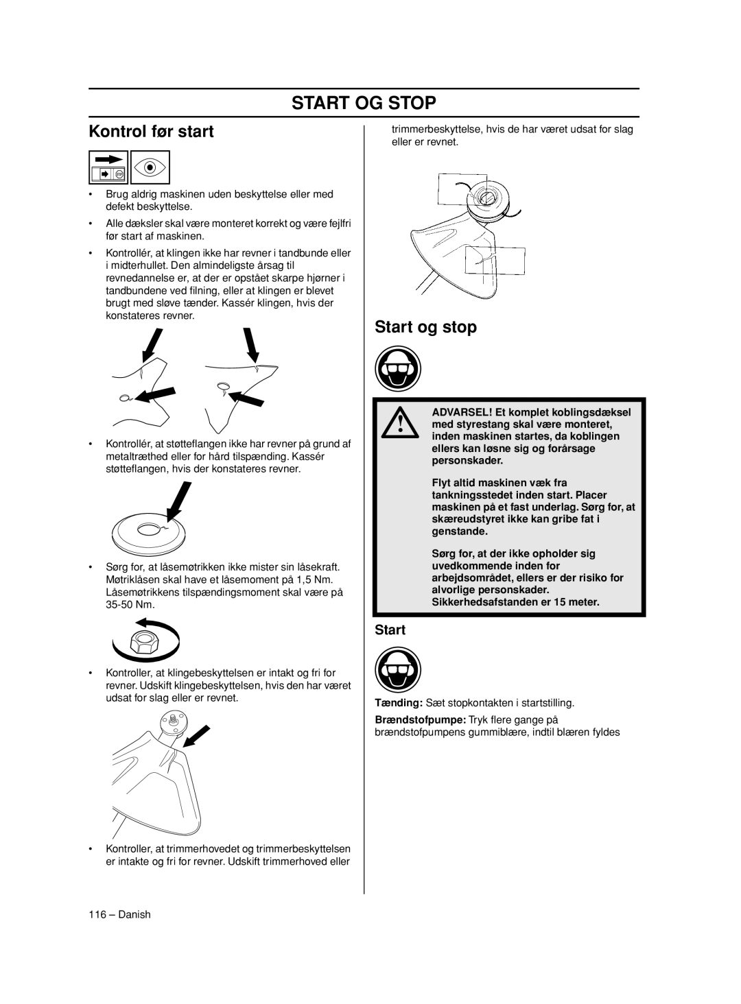 Husqvarna 233RJ manual Start OG Stop, Kontrol før start, Start og stop 