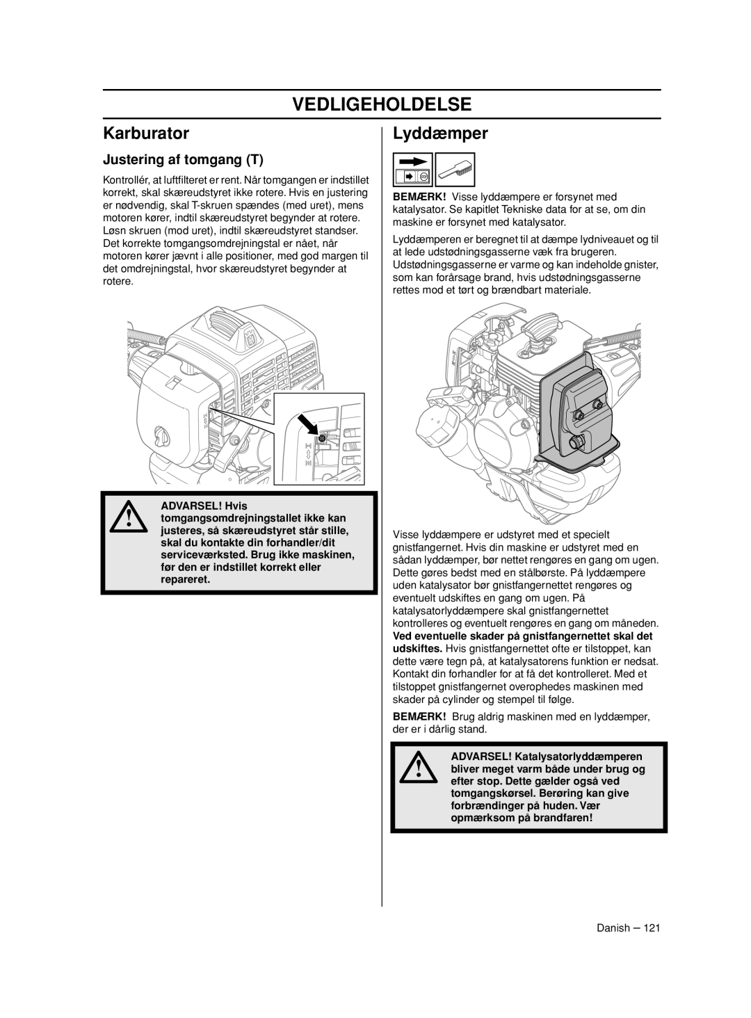 Husqvarna 233RJ manual Vedligeholdelse, Karburator, Lyddæmper, Justering af tomgang T 