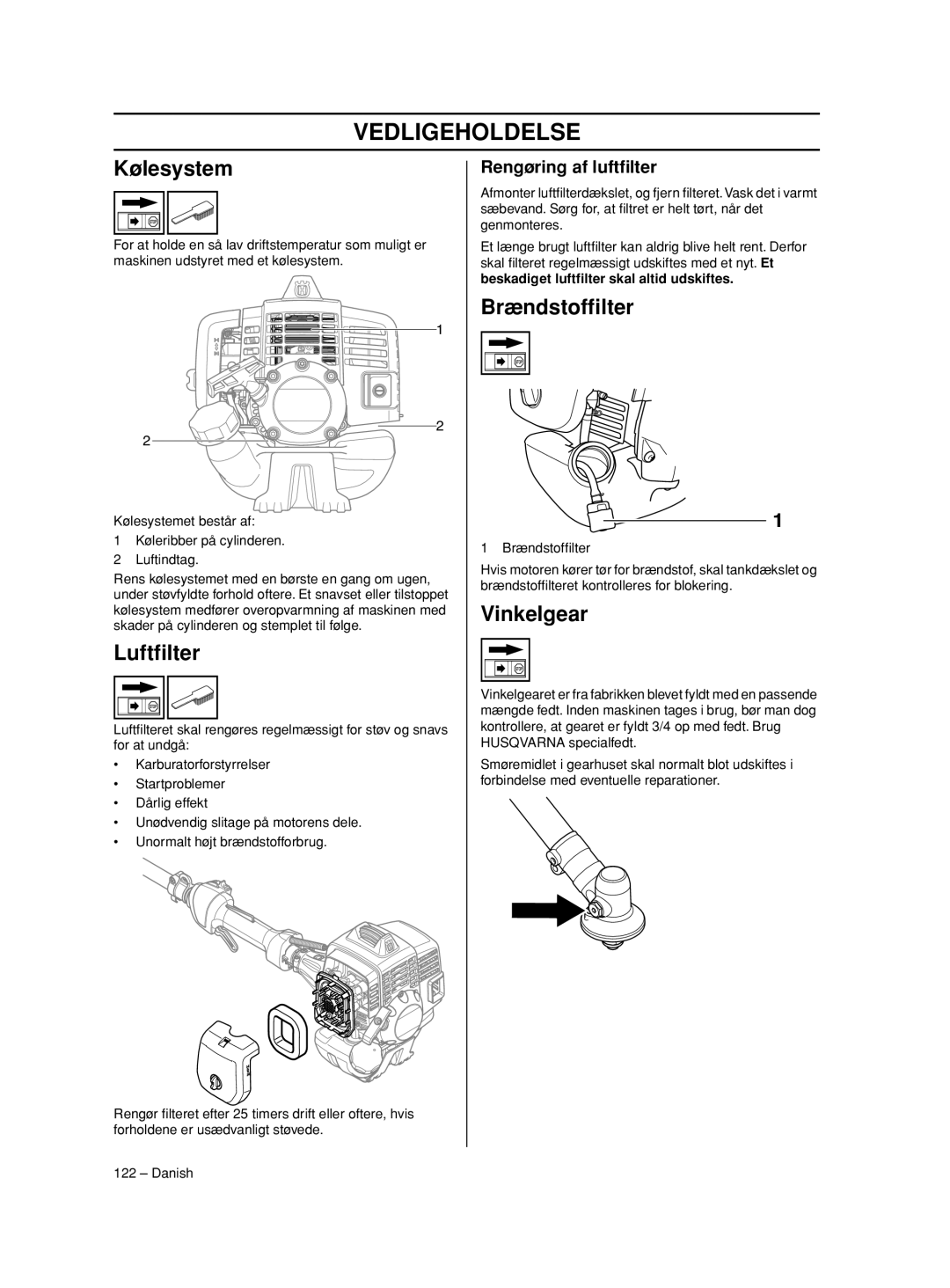 Husqvarna 233RJ Kølesystem, Brændstofﬁlter, Vinkelgear, Rengøring af luftﬁlter, Beskadiget luftﬁlter skal altid udskiftes 