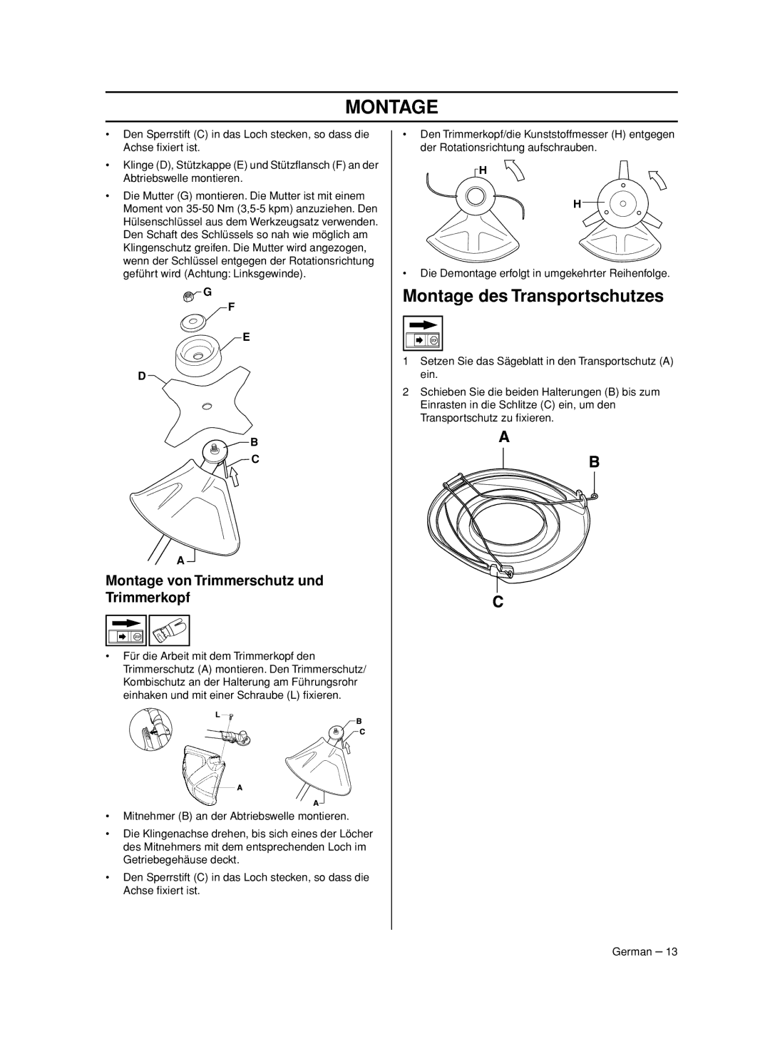 Husqvarna 233RJ manual Montage des Transportschutzes, Montage von Trimmerschutz und Trimmerkopf 