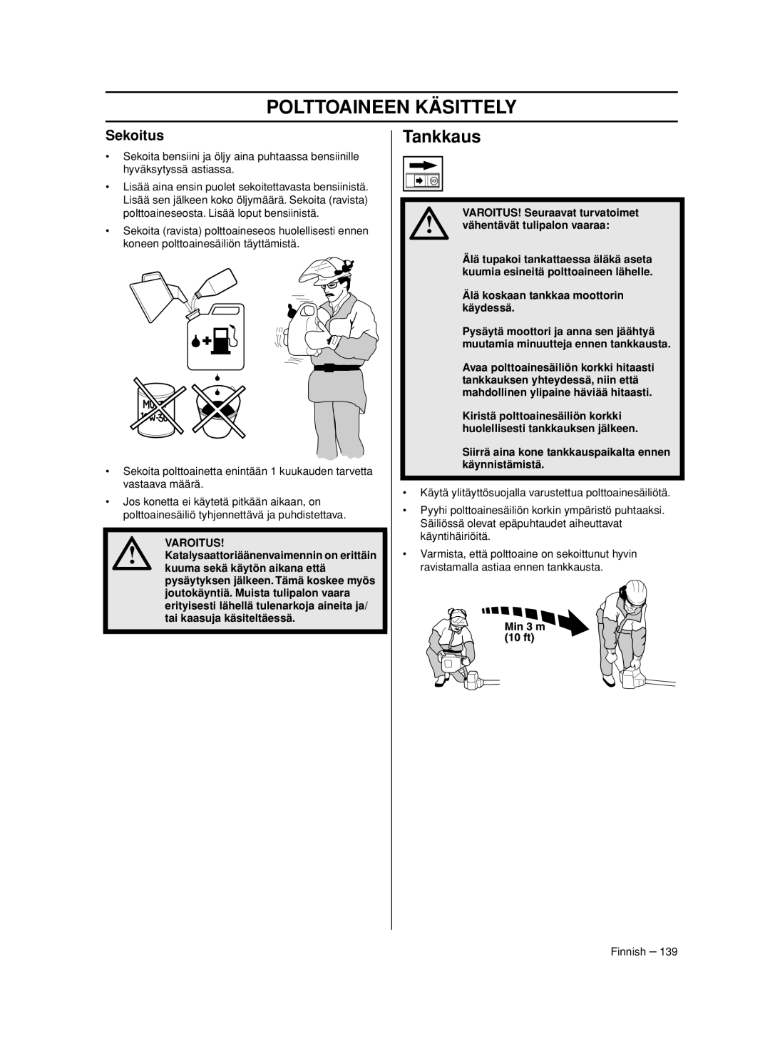 Husqvarna 233RJ manual Tankkaus, Sekoitus, VAROITUS! Seuraavat turvatoimet, Vähentävät tulipalon vaaraa 