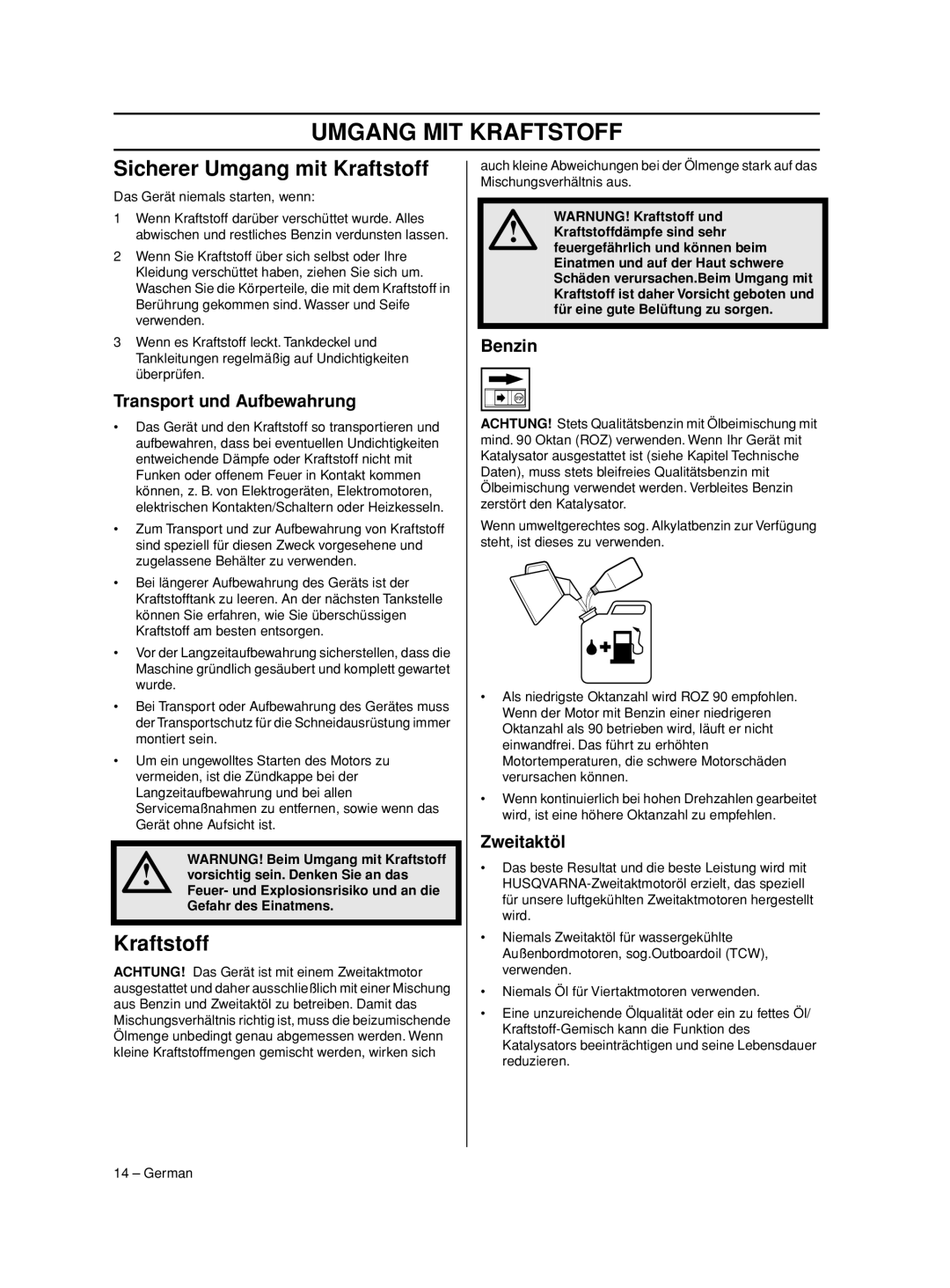 Husqvarna 233RJ manual Umgang MIT Kraftstoff, Sicherer Umgang mit Kraftstoff 