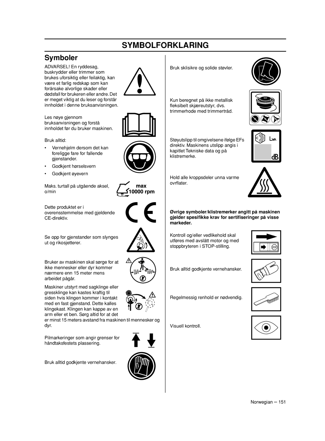 Husqvarna 233RJ manual Symbolforklaring, Nærmere enn 15 meter mens 