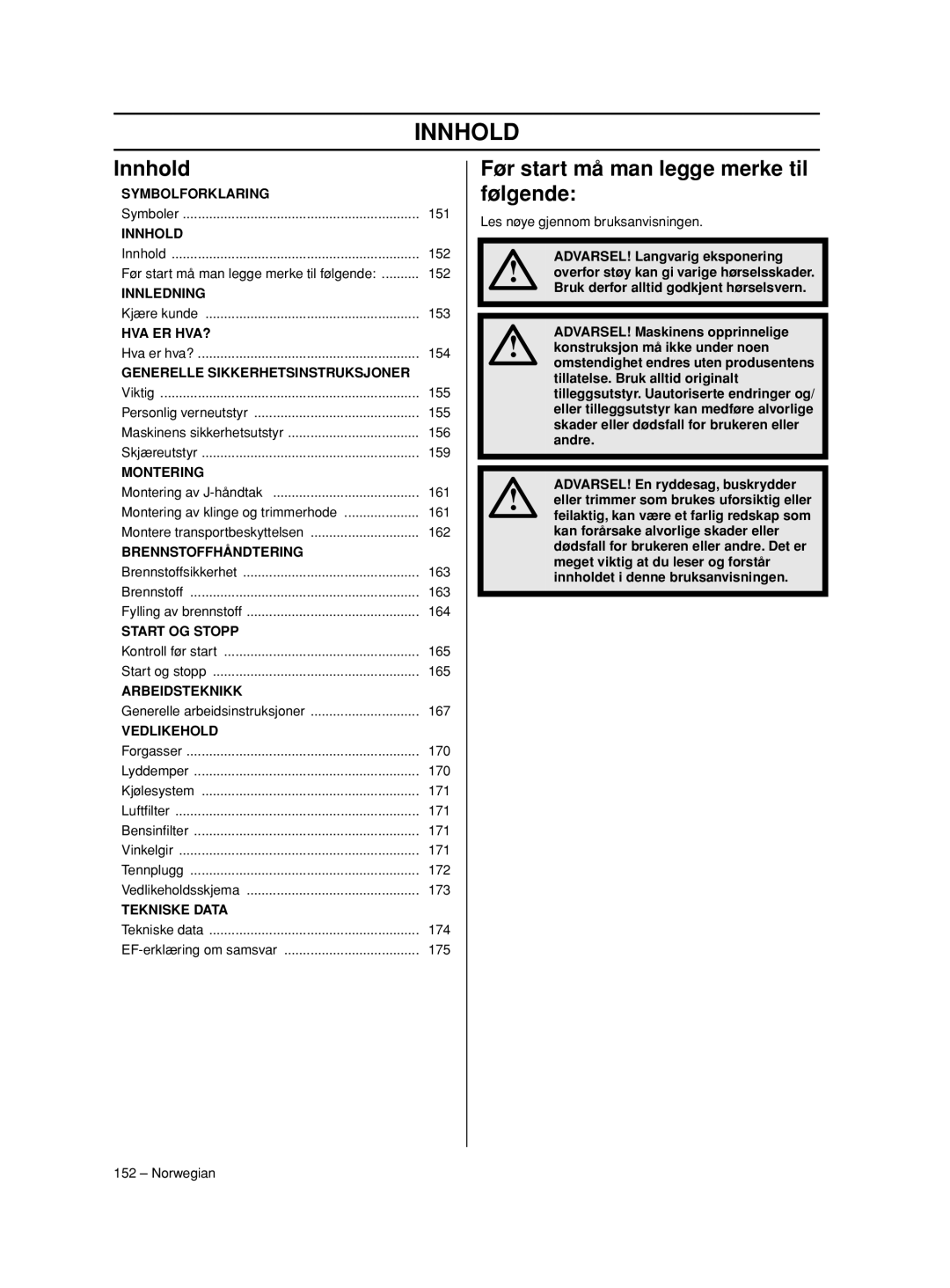 Husqvarna 233RJ manual Innhold, Før start må man legge merke til følgende 