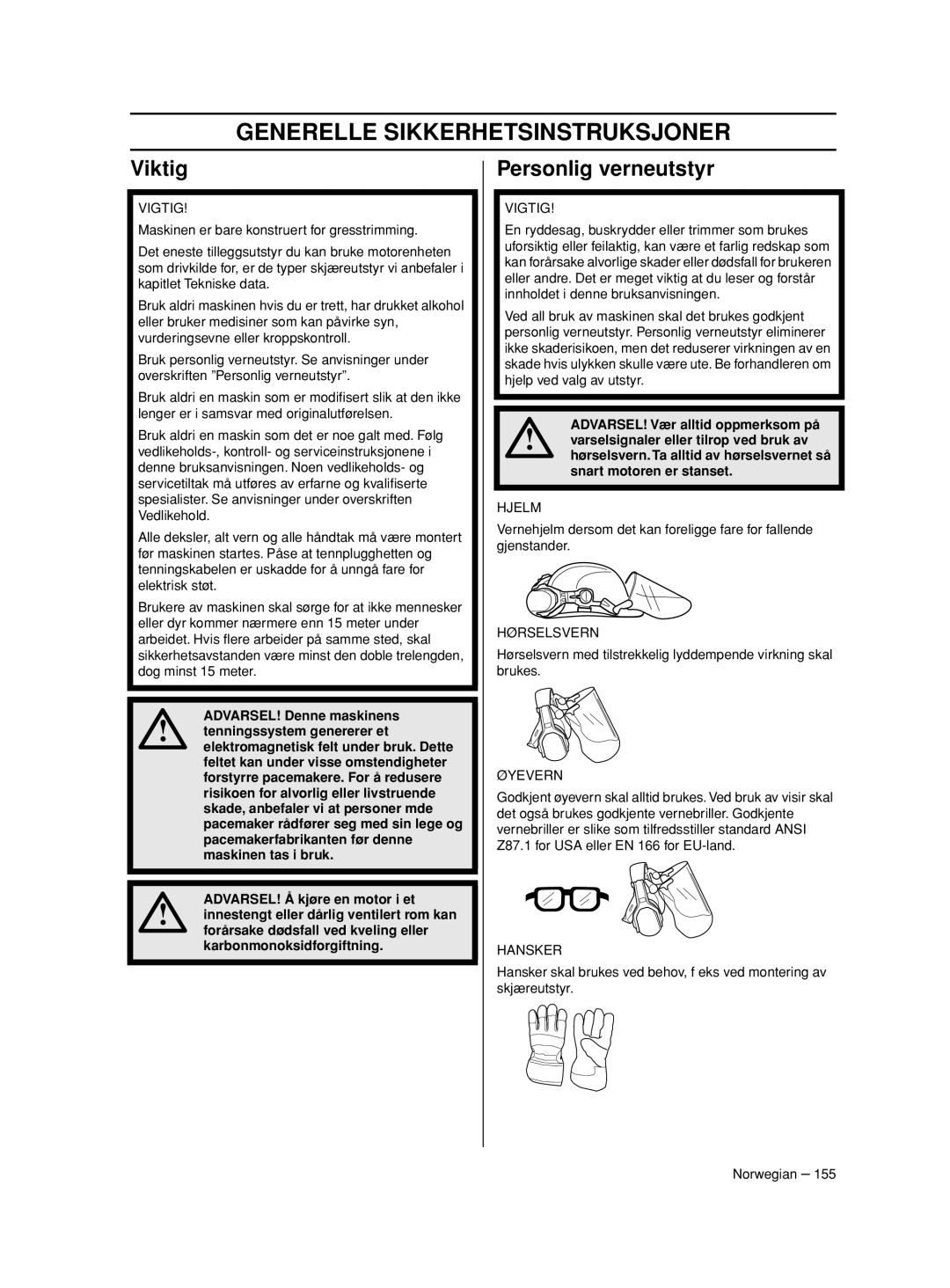 Husqvarna 233RJ manual Generelle Sikkerhetsinstruksjoner, Viktig, Personlig verneutstyr 