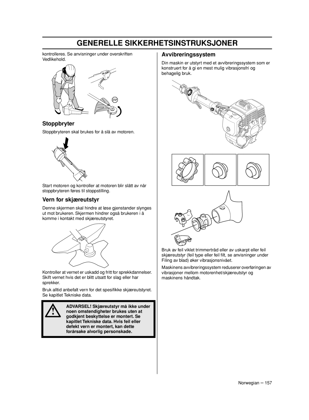 Husqvarna 233RJ manual Stoppbryter, Vern for skjæreutstyr 