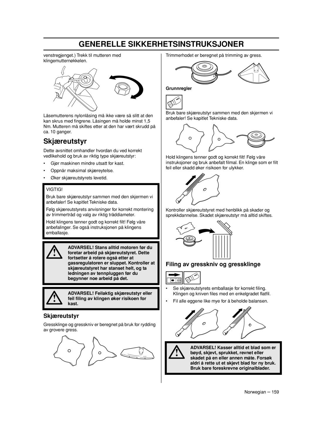 Husqvarna 233RJ manual Skjæreutstyr, Filing av gresskniv og gressklinge, Grunnregler 