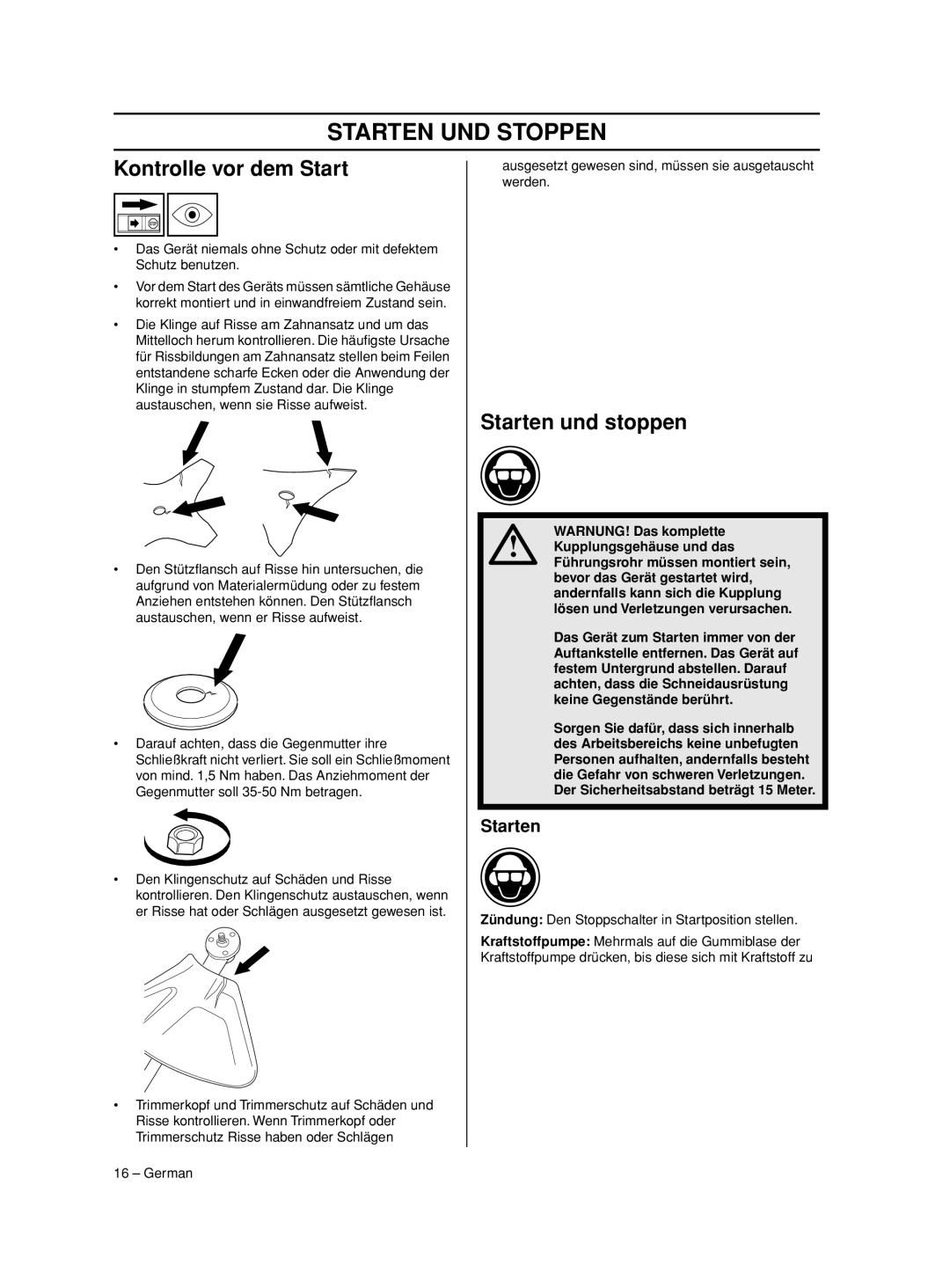 Husqvarna 233RJ manual Starten UND Stoppen, Kontrolle vor dem Start, Starten und stoppen 
