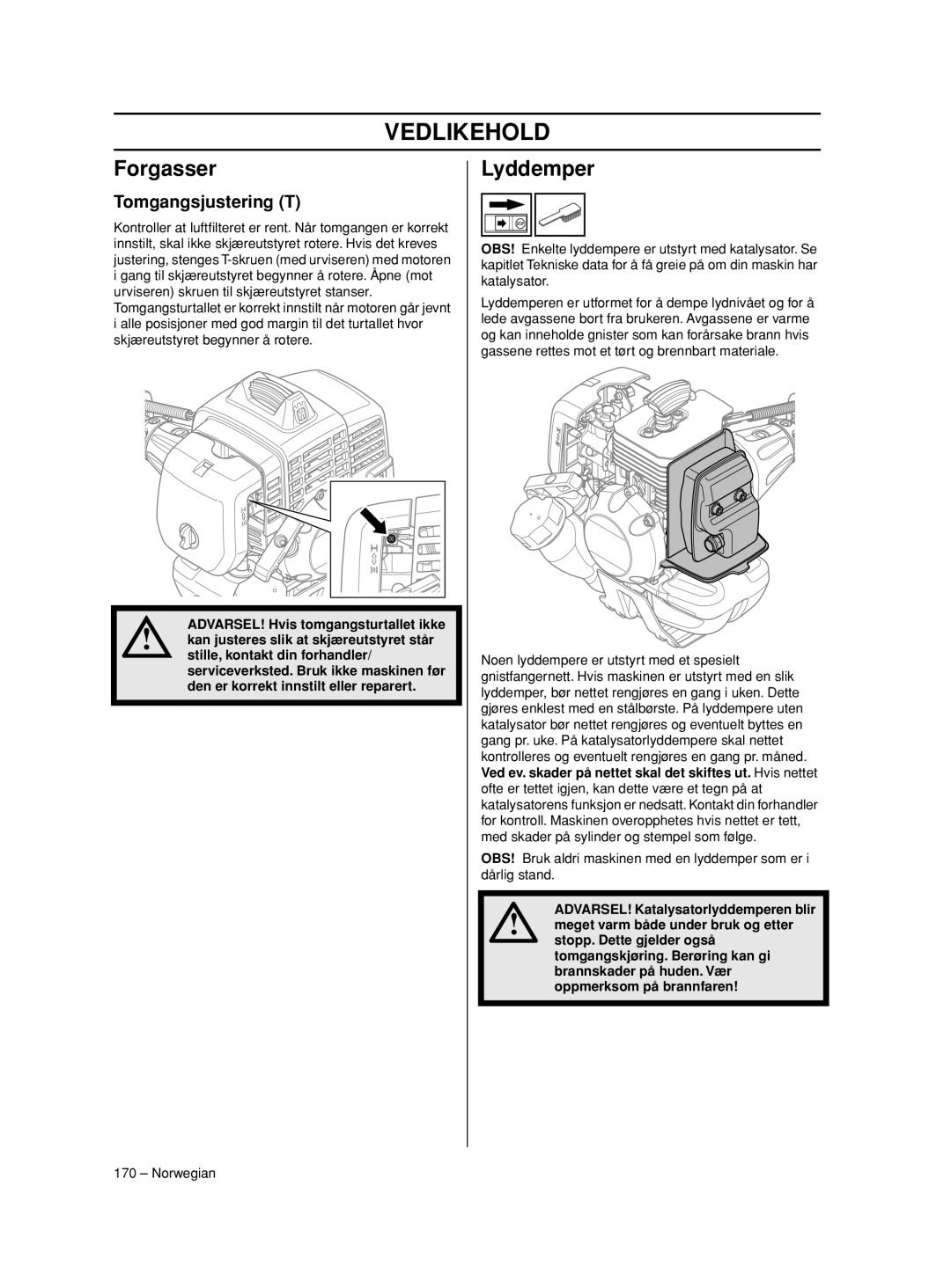 Husqvarna 233RJ manual Vedlikehold, Forgasser, Lyddemper, Tomgangsjustering T 