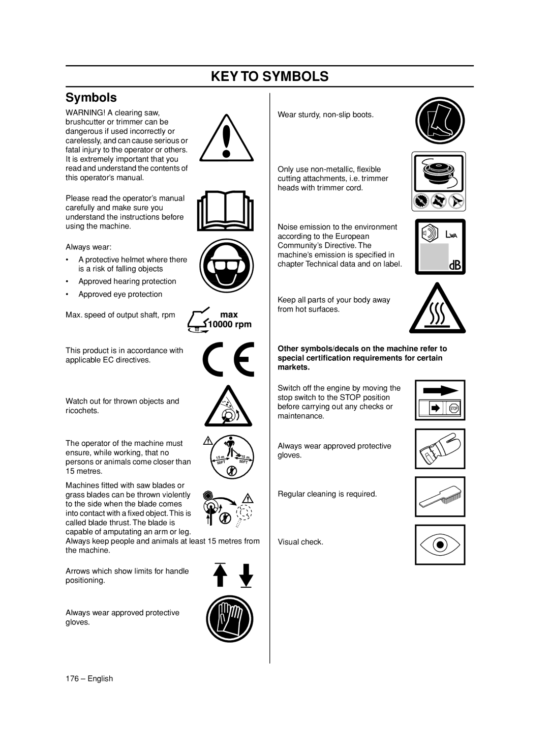 Husqvarna 233RJ manual KEY to Symbols, Operator of the machine must Ensure, while working, that no 