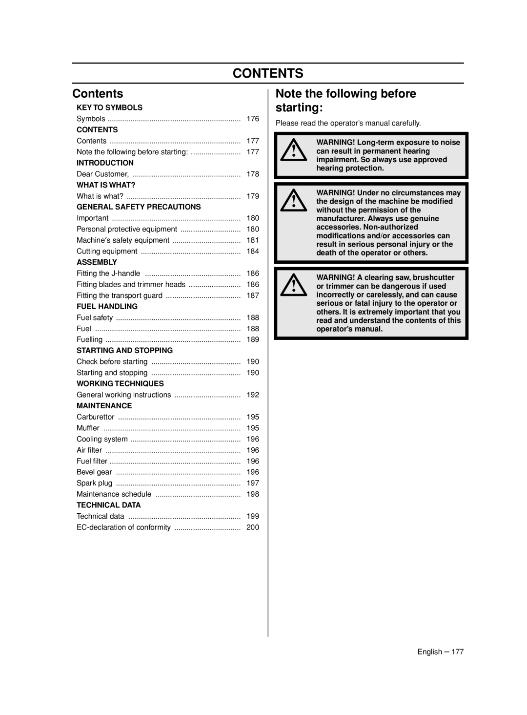 Husqvarna 233RJ manual Contents 