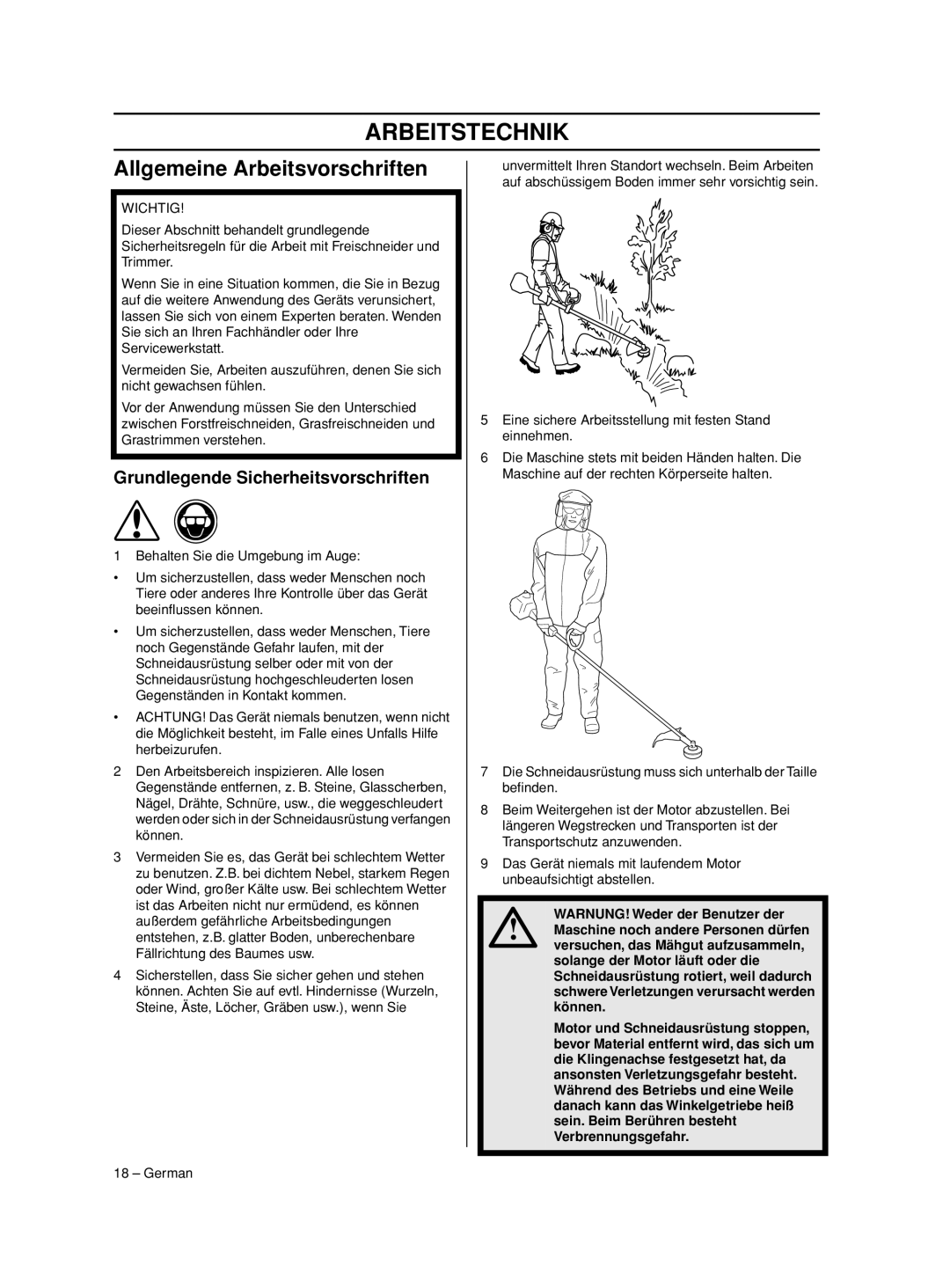 Husqvarna 233RJ manual Arbeitstechnik, Allgemeine Arbeitsvorschriften, Grundlegende Sicherheitsvorschriften 