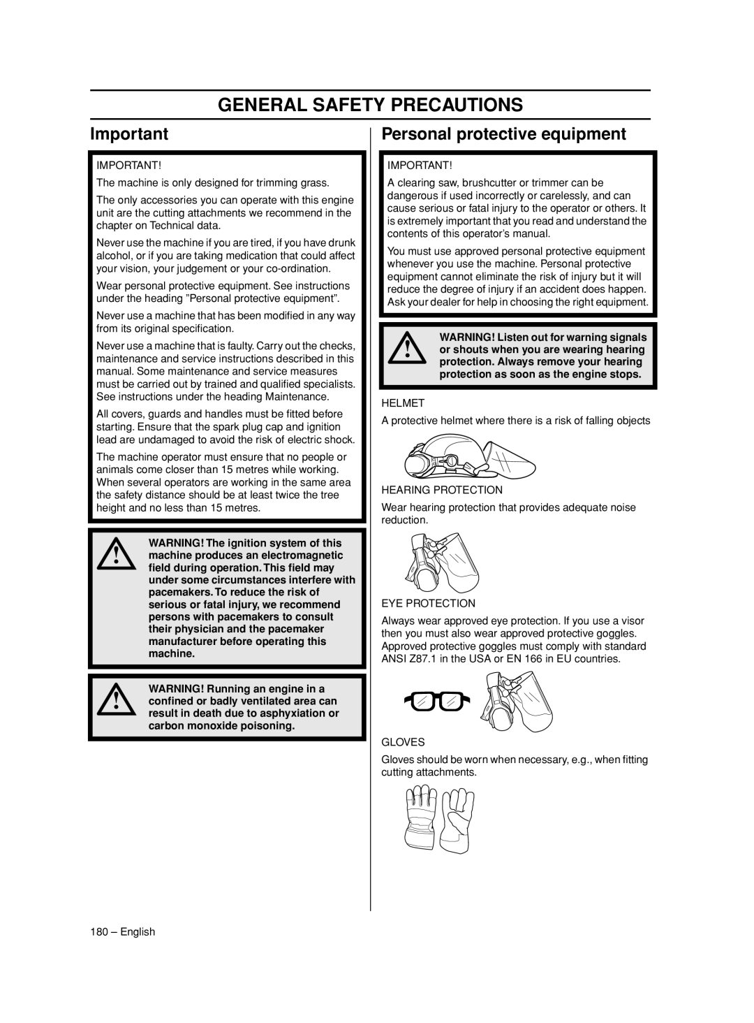 Husqvarna 233RJ manual General Safety Precautions, Personal protective equipment 