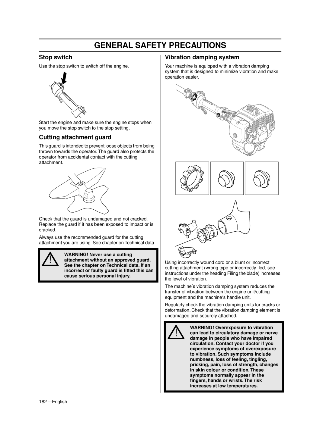 Husqvarna 233RJ manual Stop switch, Cutting attachment guard, Vibration damping system 